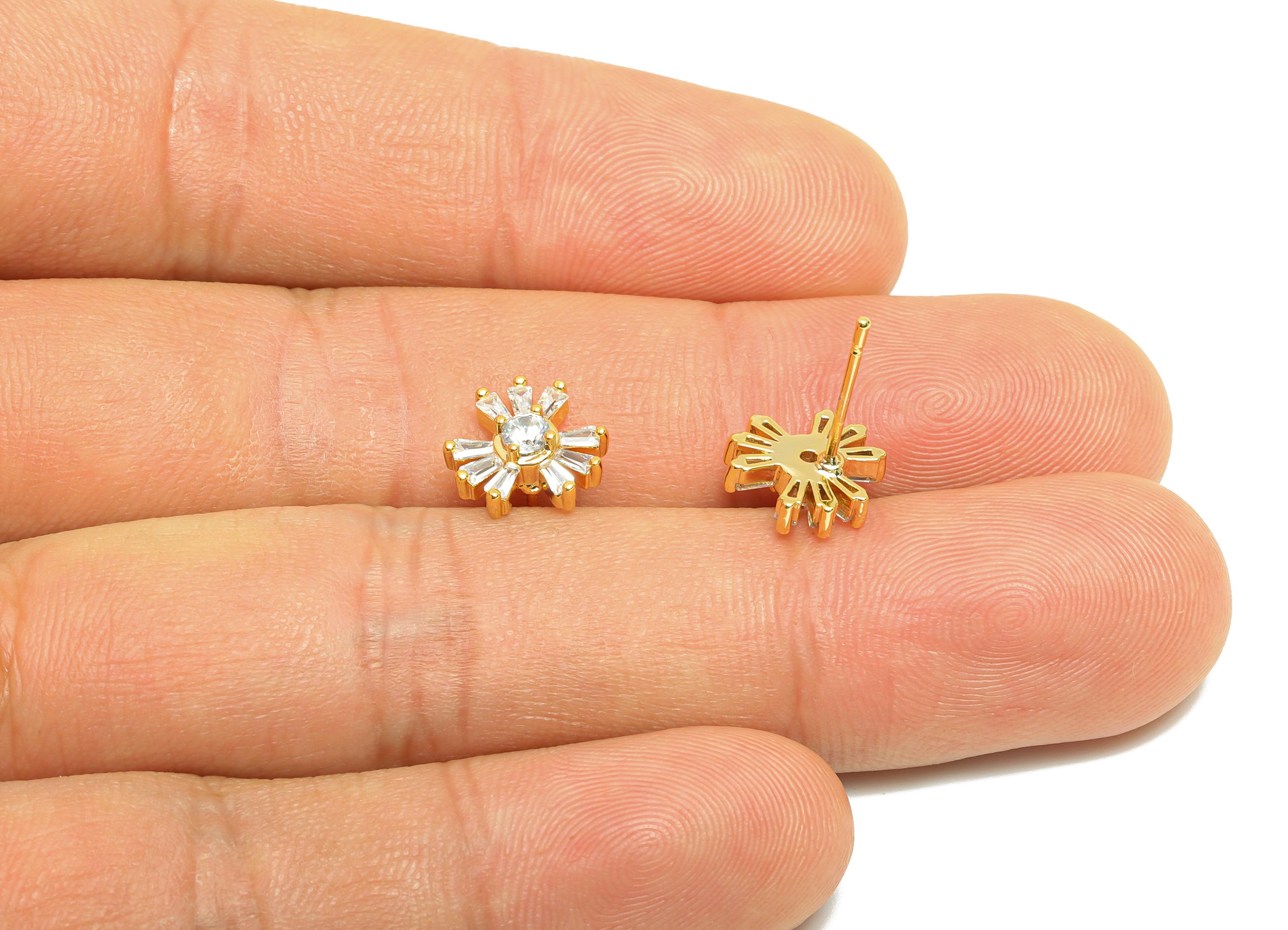 Gold Flower Earring Post - Earring with Baguette and Round-Cut Zircon - Brass Daily Wear Ear - 18K Real Gold Plated -15.32x9.5x3.6mm-RGP8872 - DOMEDBAZAAR