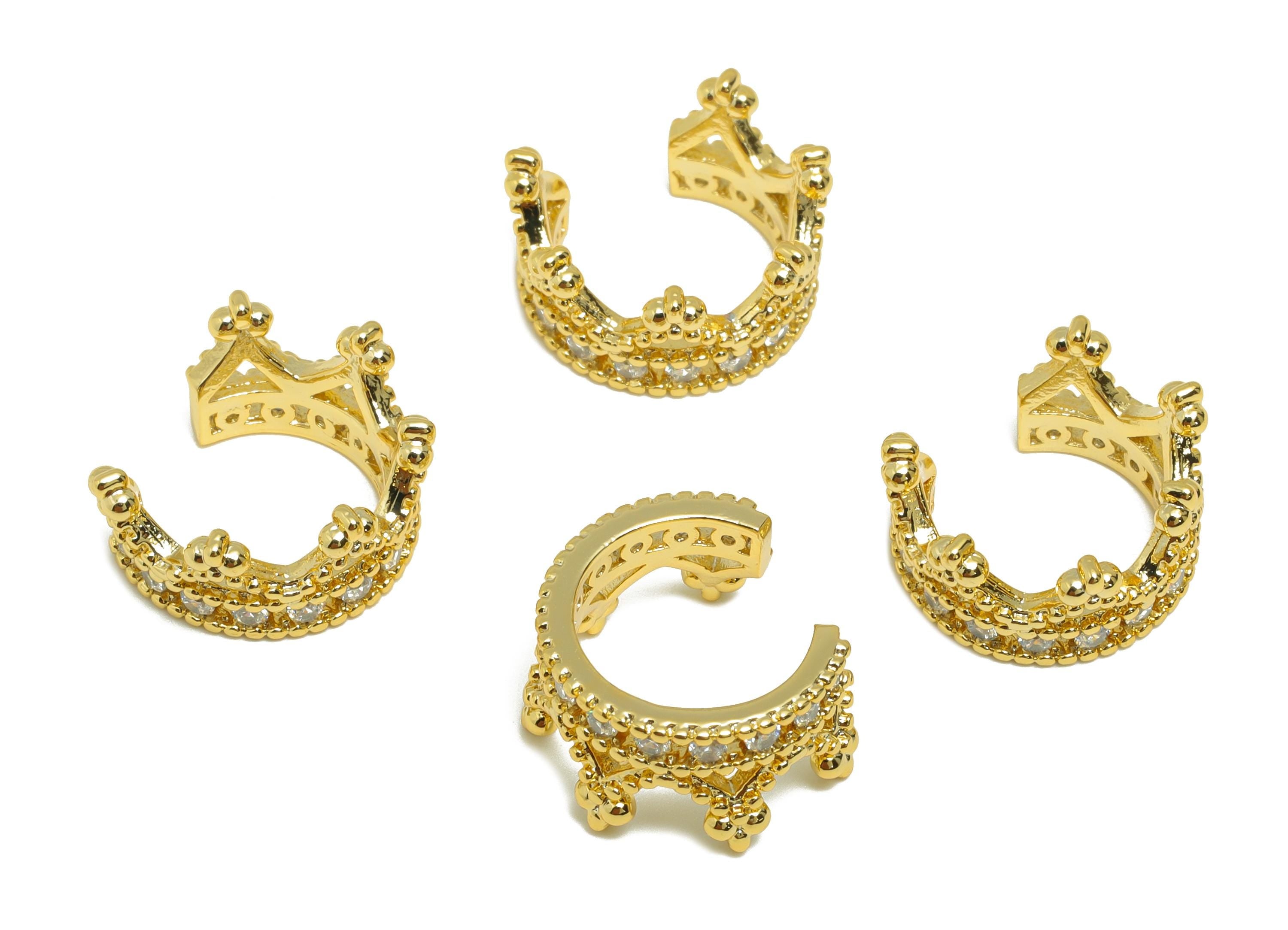 Brass Crown Cuff Earring - Gold Ring with Crystal Accents - Cubic Zircon Open Cuff Earring - 18K Real Gold Plating - 13x11.3x6.84mm- RGP8875 - DOMEDBAZAAR