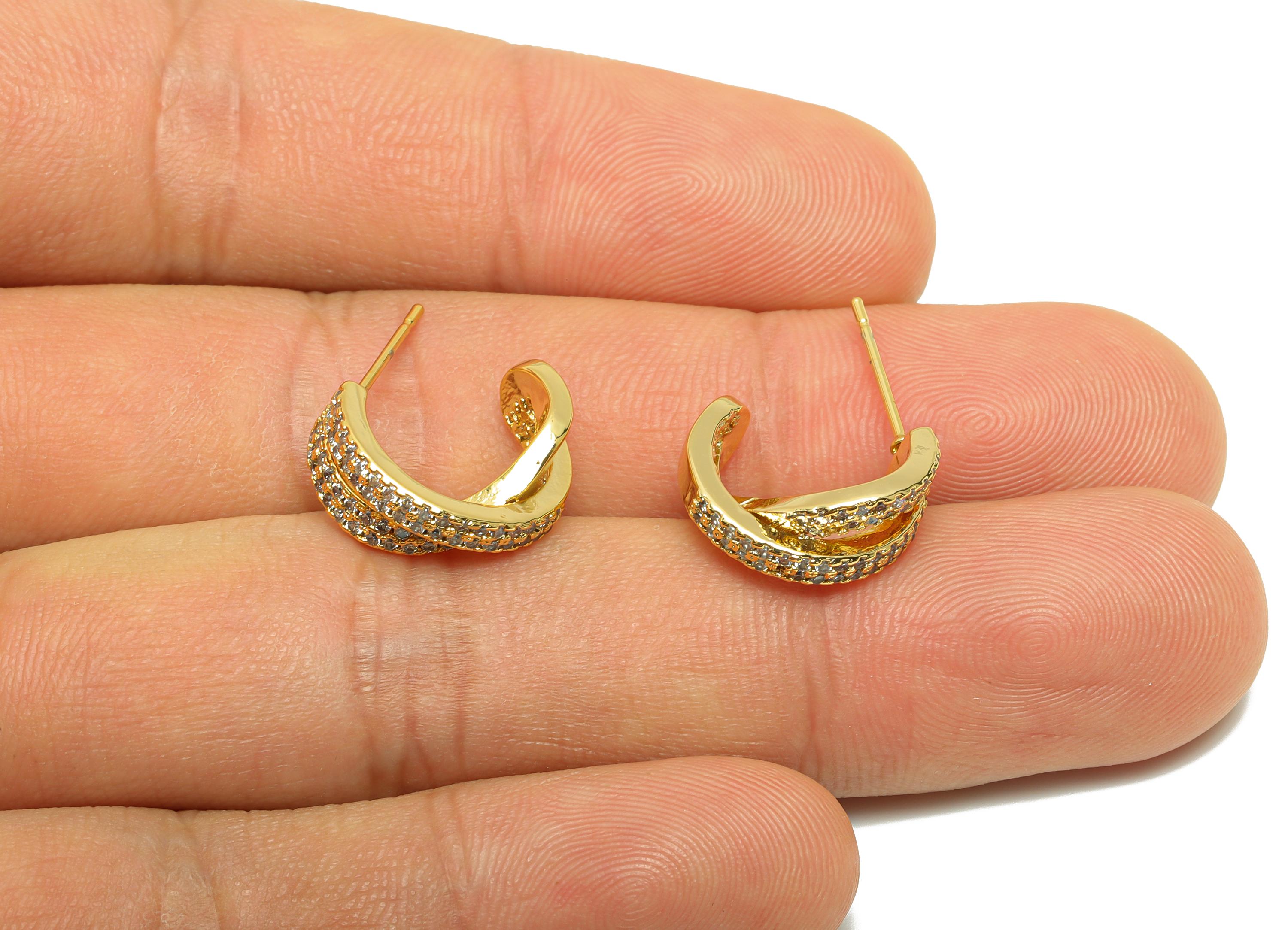 Brass Twisted Hoop Earrings - Gold Cross Earring Post with Zircon - Chunky C Hoop Earrings - 18K Real Gold Plating -20x14.5x6.14mm - RGP8876 - DOMEDBAZAAR