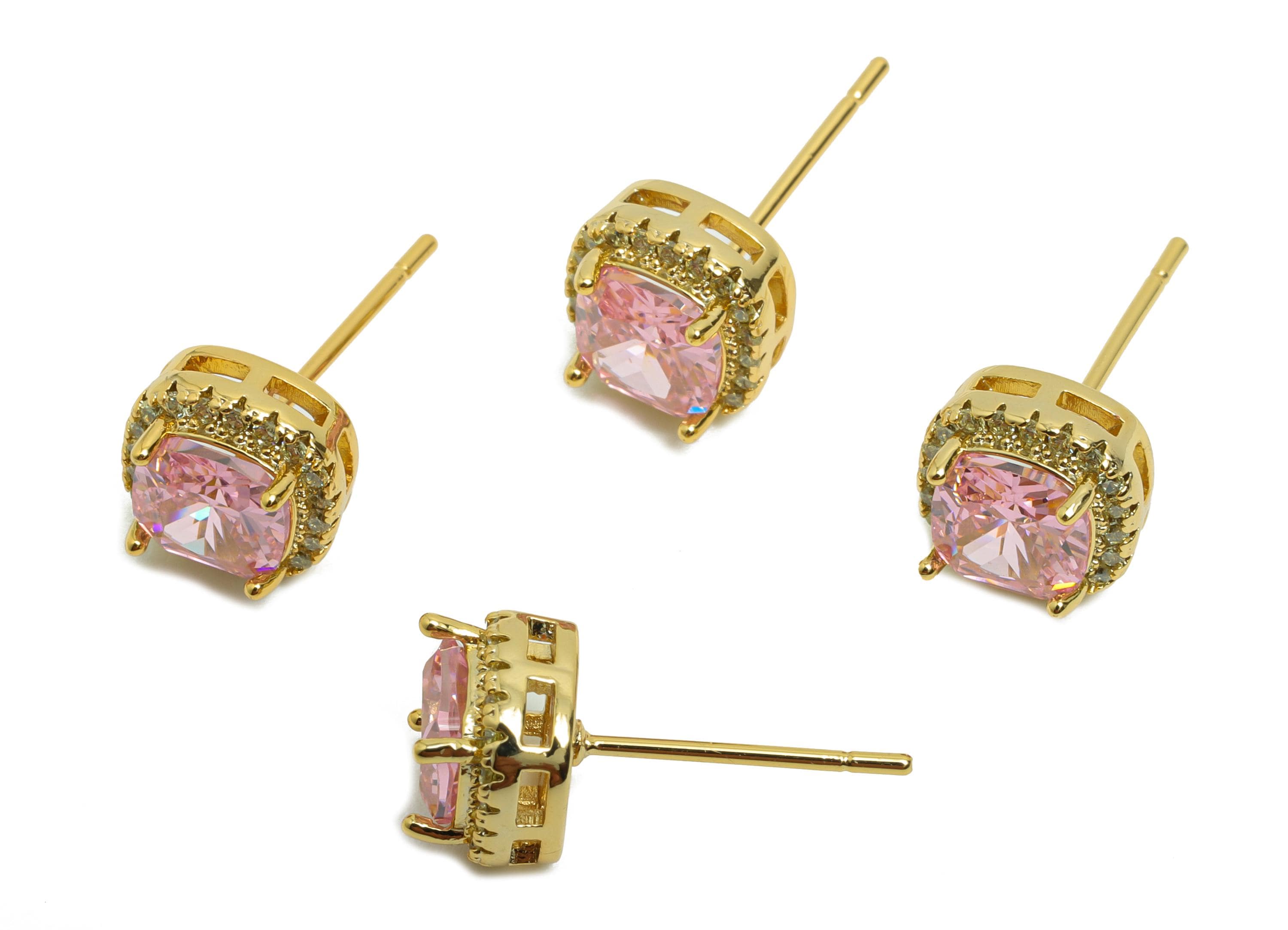 Brass Square Earring Post - Brass Zircon Earring Stud - Rainbow CZ Earring Stud - Gold Jewelry - 18K Real Gold Plating - 17x8x5mm - RGP8398H - DOMEDBAZAAR