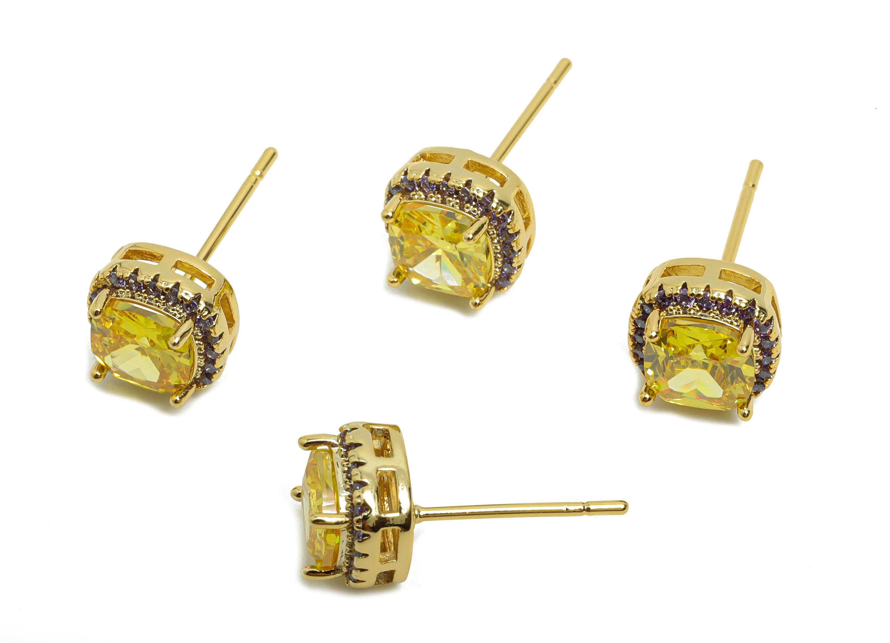 Brass Square Earring Post - Brass Zircon Earring Stud - Yellow CZ Earring Stud - Gold Jewelry - 18K Real Gold Plating - 17x8x5mm - RGP8398U - DOMEDBAZAAR
