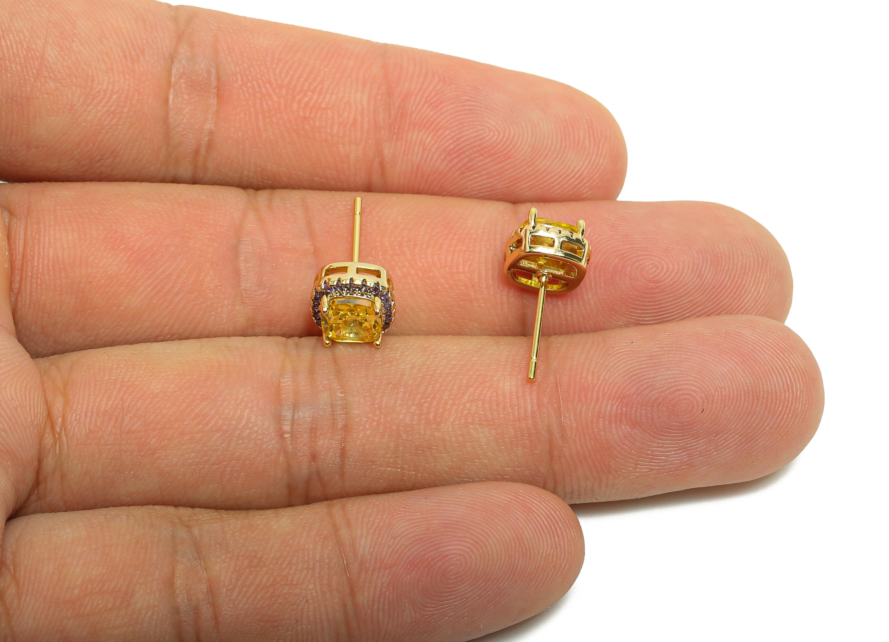 Brass Square Earring Post - Brass Zircon Earring Stud - Yellow CZ Earring Stud - Gold Jewelry - 18K Real Gold Plating - 17x8x5mm - RGP8398U - DOMEDBAZAAR