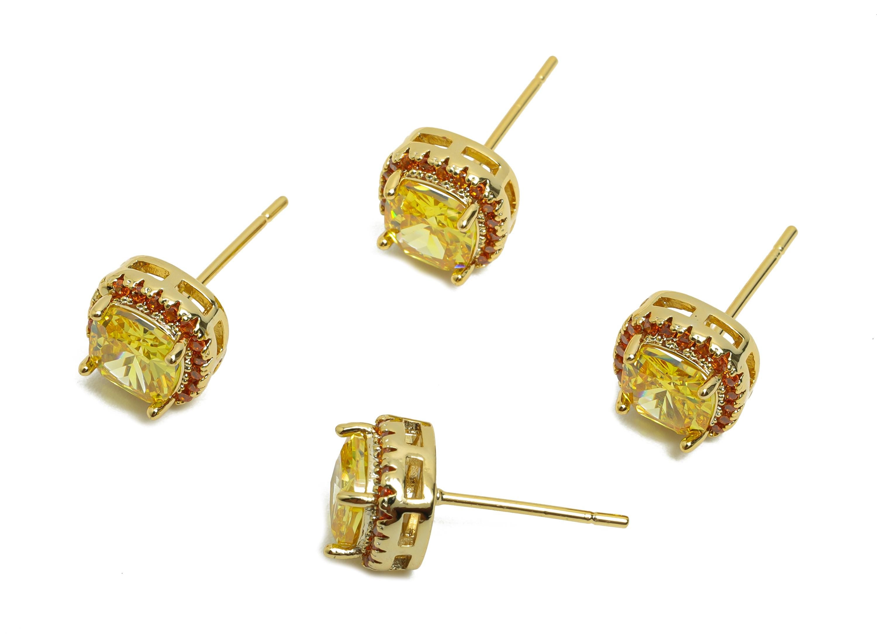 Brass Square Earring Post - Brass Zircon Earring Stud -  Golden CZ Earring Stud - Gold Jewelry - 18K Real Gold Plating - 17x8x5mm - RGP8398D - DOMEDBAZAAR