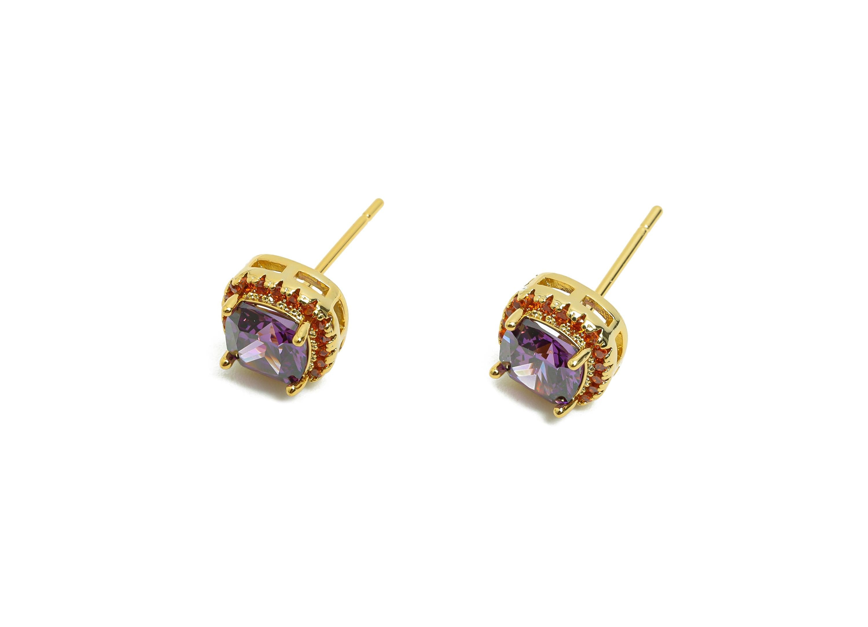 Brass Square Earring Post - Brass Zircon Earring Stud - Purple CZ Earring Stud - Gold Jewelry - 18K Real Gold Plating - 17x8x5mm - RGP8398B - DOMEDBAZAAR
