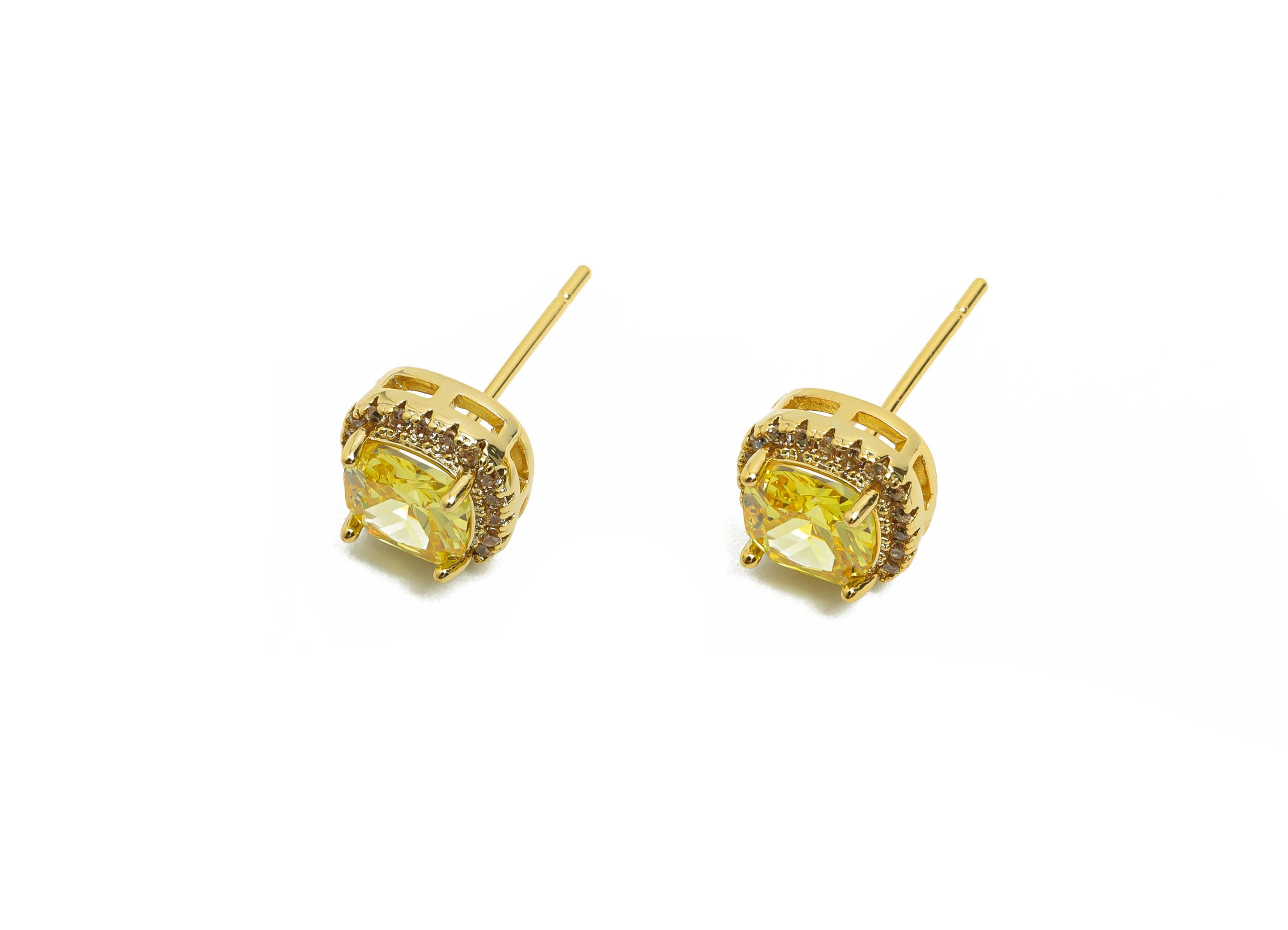 Brass Square Earring Post - Brass Zircon Earring Stud -  Golden CZ Earring Stud - Gold Jewelry - 18K Real Gold Plating - 17x8x5mm - RGP8398P - DOMEDBAZAAR