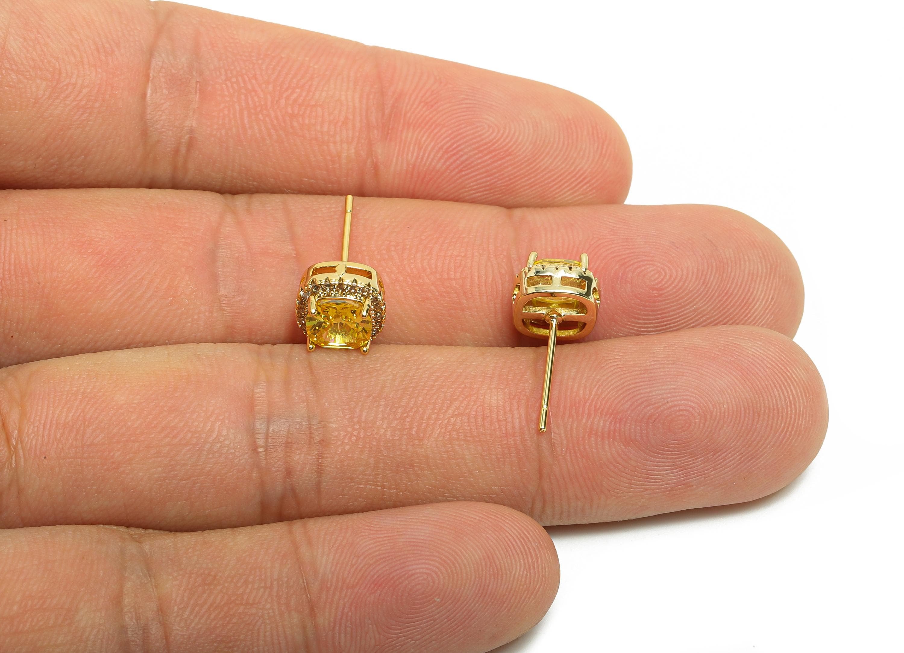 Brass Square Earring Post - Brass Zircon Earring Stud -  Golden CZ Earring Stud - Gold Jewelry - 18K Real Gold Plating - 17x8x5mm - RGP8398P - DOMEDBAZAAR