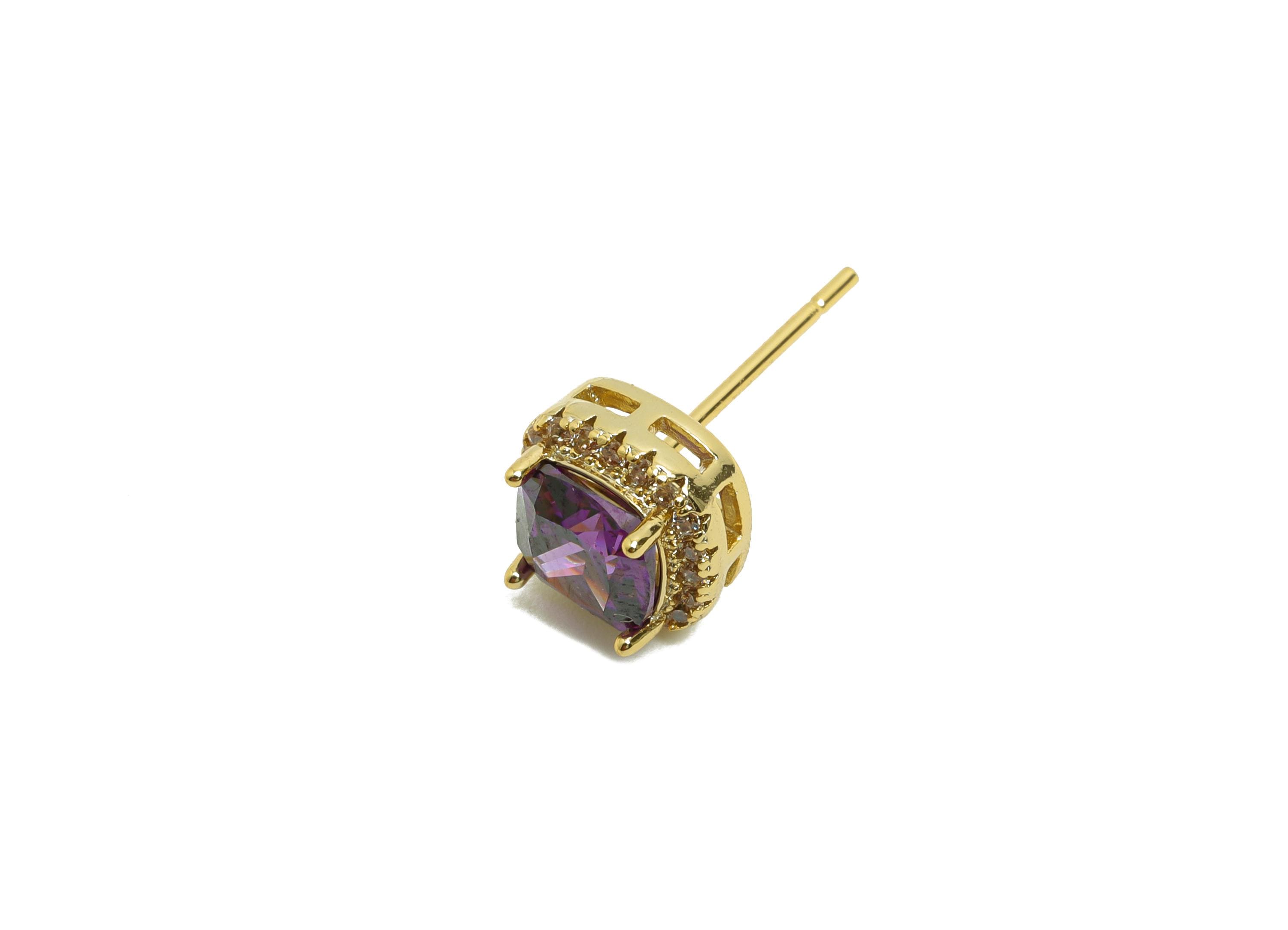 Brass Square Earring Post - Brass Zircon Earring Stud - Purple CZ Earring Stud - Gold Jewelry - 18K Real Gold Plating - 17x8x5mm - RGP8398T - DOMEDBAZAAR