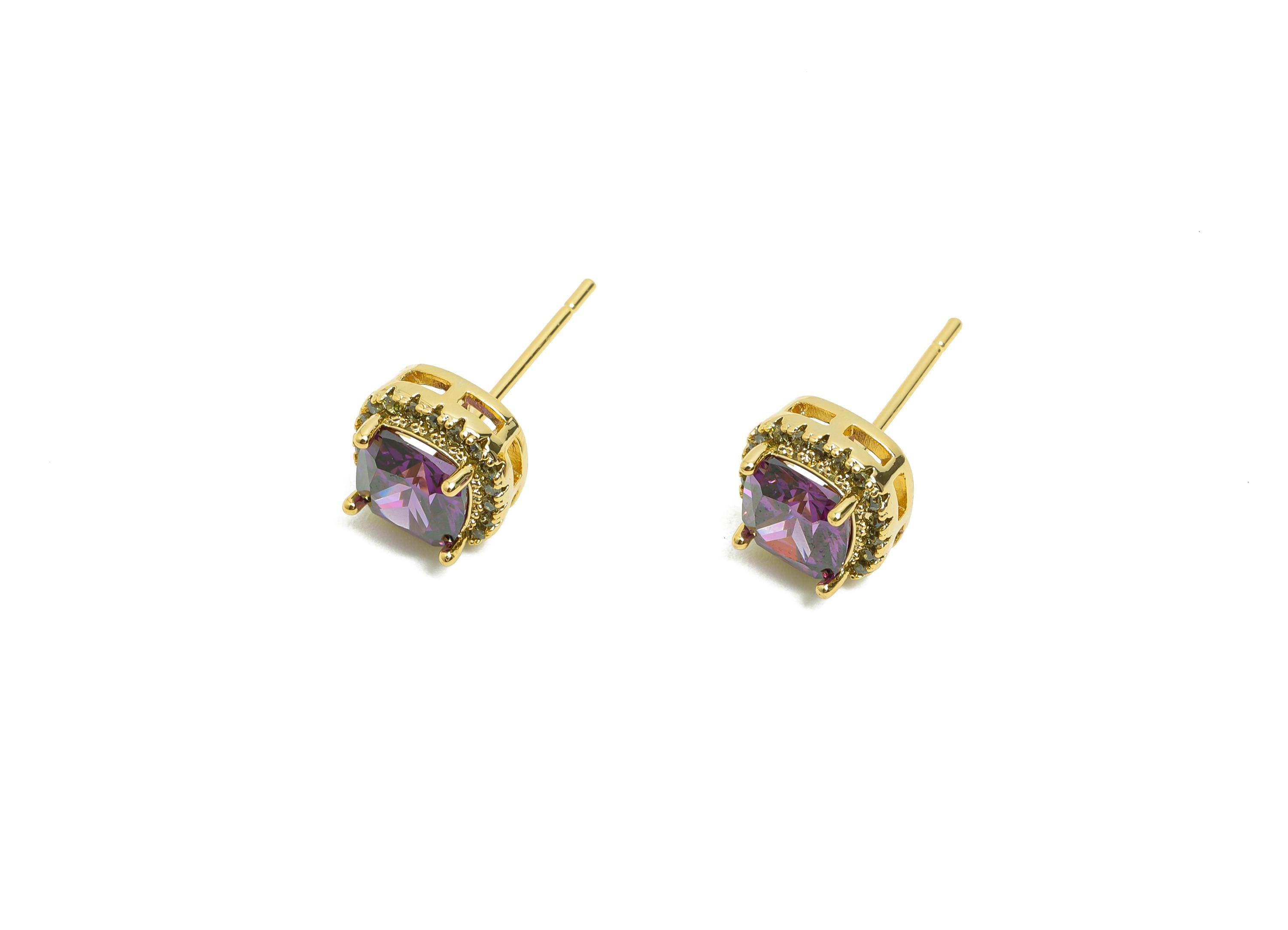 Brass Square Earring Post - Brass Zircon Earring Stud - Purple CZ Earring Stud - Gold Jewelry - 18K Real Gold Plating - 17x8x5mm - RGP8398N - DOMEDBAZAAR