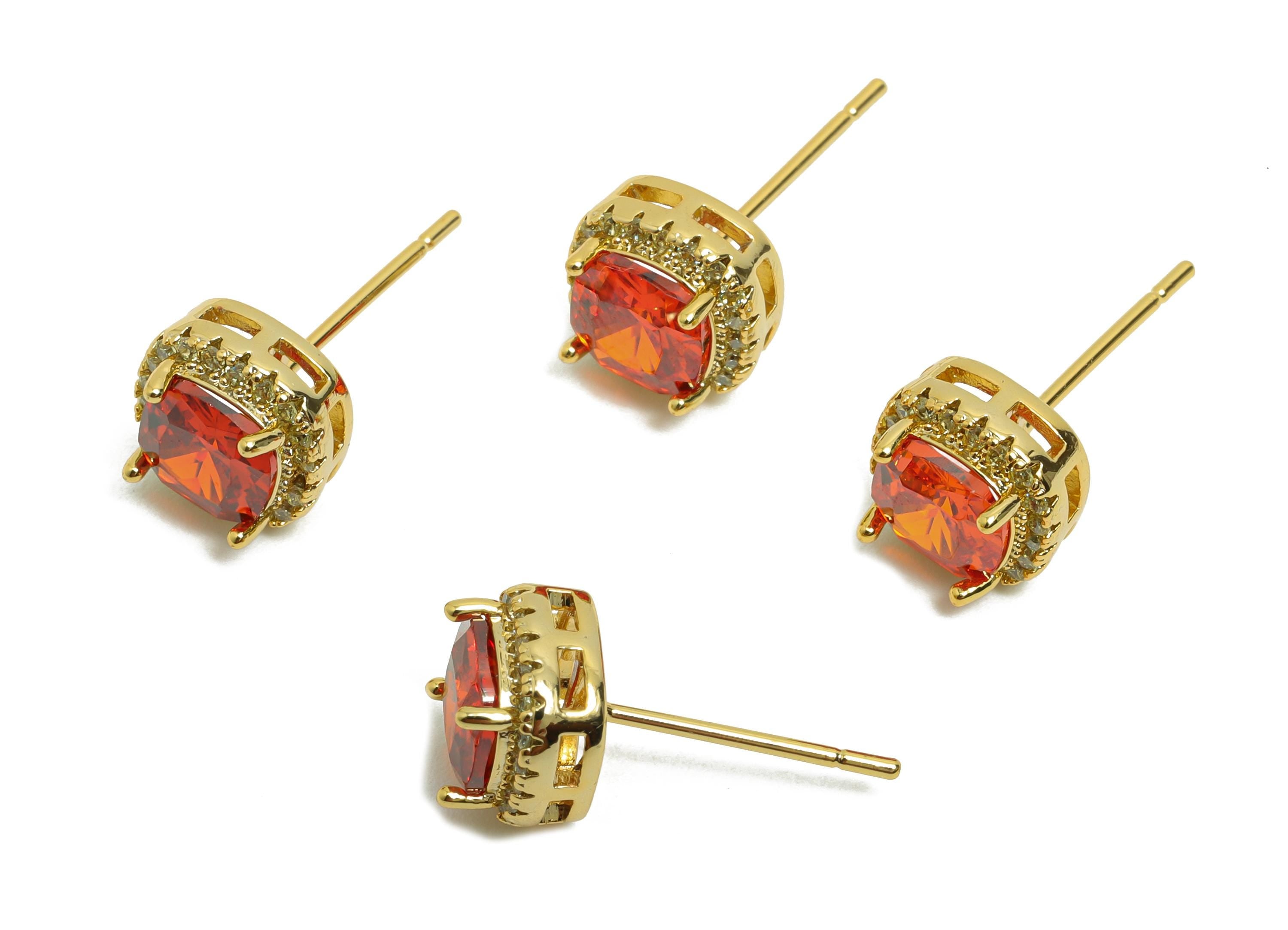 Brass Square Earring Post - Brass Zircon Earring Stud - Red CZ Earring Stud - Gold Jewelry - 18K Real Gold Plating - 17x8x5mm - RGP8398F - DOMEDBAZAAR