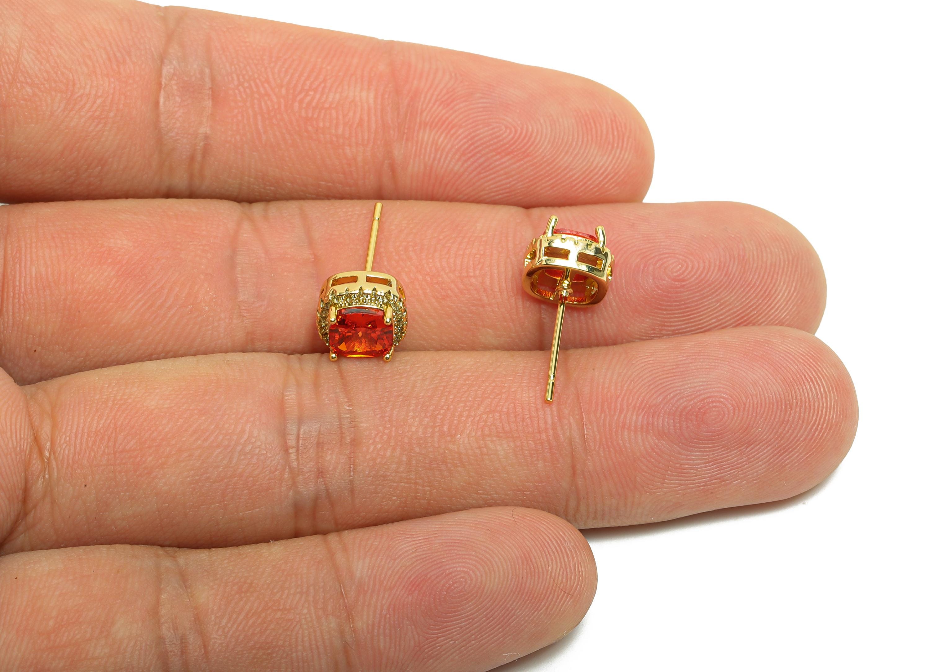 Brass Square Earring Post - Brass Zircon Earring Stud - Red CZ Earring Stud - Gold Jewelry - 18K Real Gold Plating - 17x8x5mm - RGP8398F - DOMEDBAZAAR