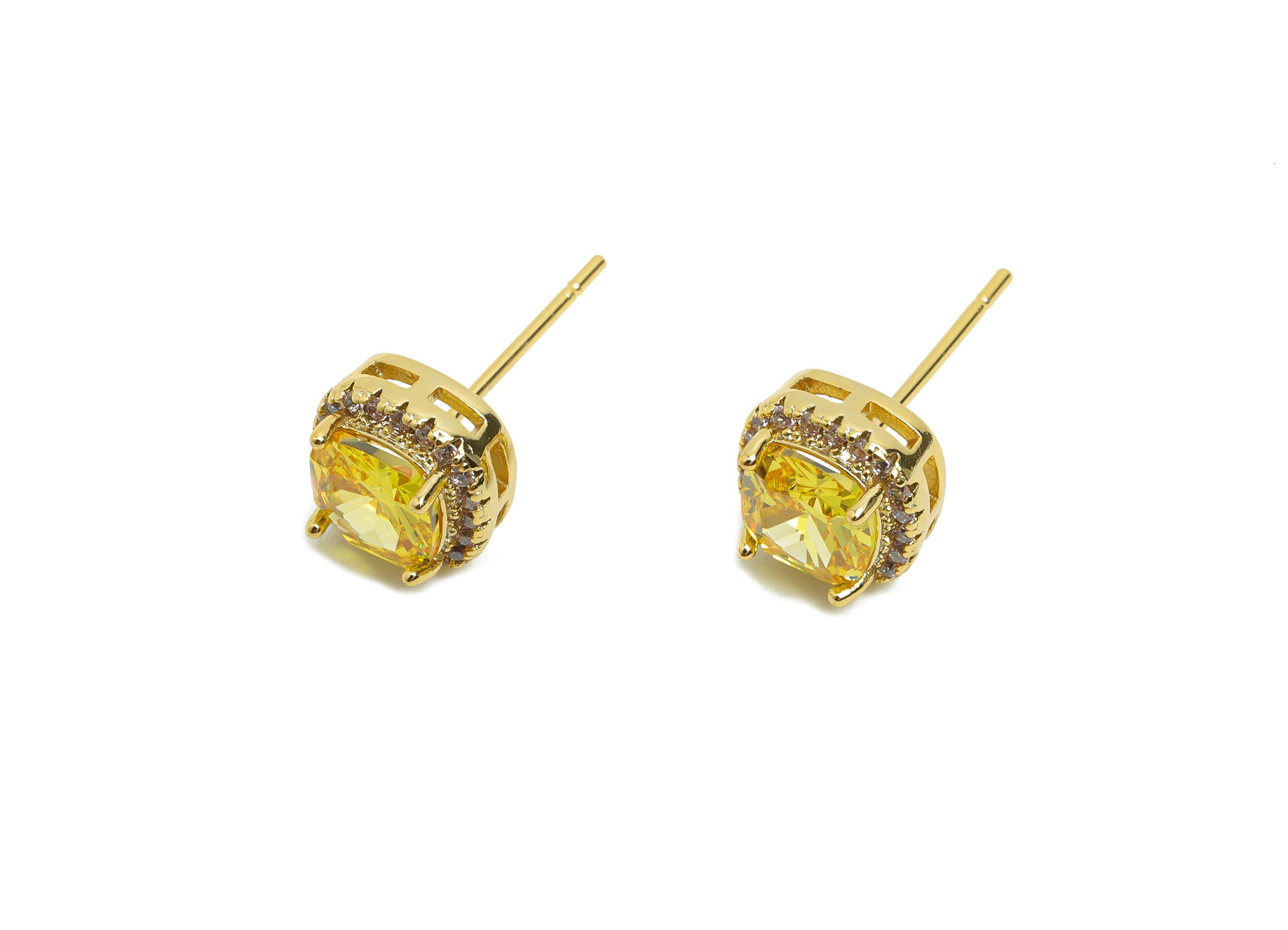 Brass Square Earring Post - Brass Zircon Earring Stud - Golden CZ Earring Stud - Gold Jewelry - 18K Real Gold Plating - 17x8x5mm - RGP8398L - DOMEDBAZAAR