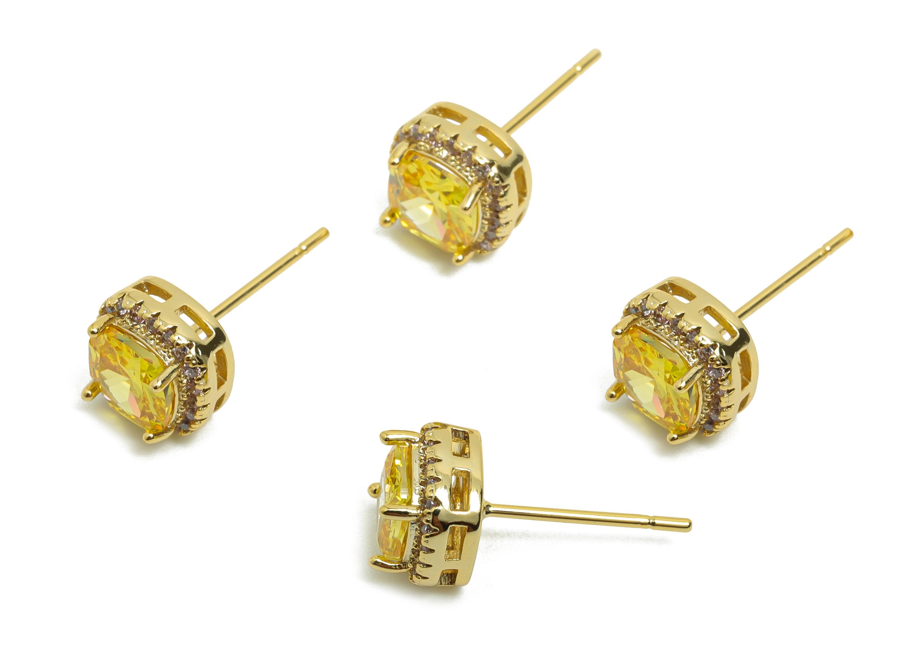 Brass Square Earring Post - Brass Zircon Earring Stud - Golden CZ Earring Stud - Gold Jewelry - 18K Real Gold Plating - 17x8x5mm - RGP8398L - DOMEDBAZAAR