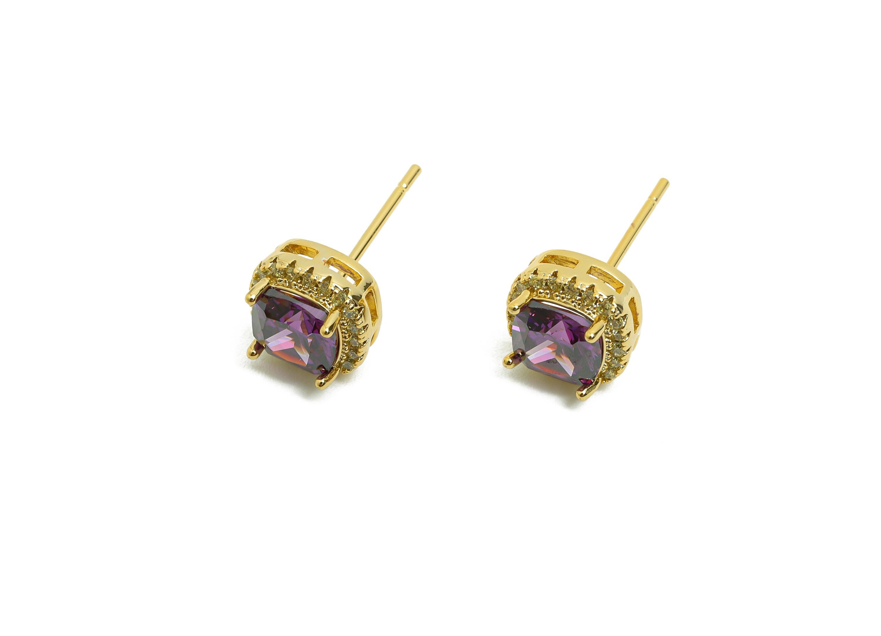 Brass Square Earring Post - Brass Zircon Earring Stud - Purple CZ Earring Stud - Gold Jewelry - 18K Real Gold Plating - 17x8x5mm - RGP8398G - DOMEDBAZAAR