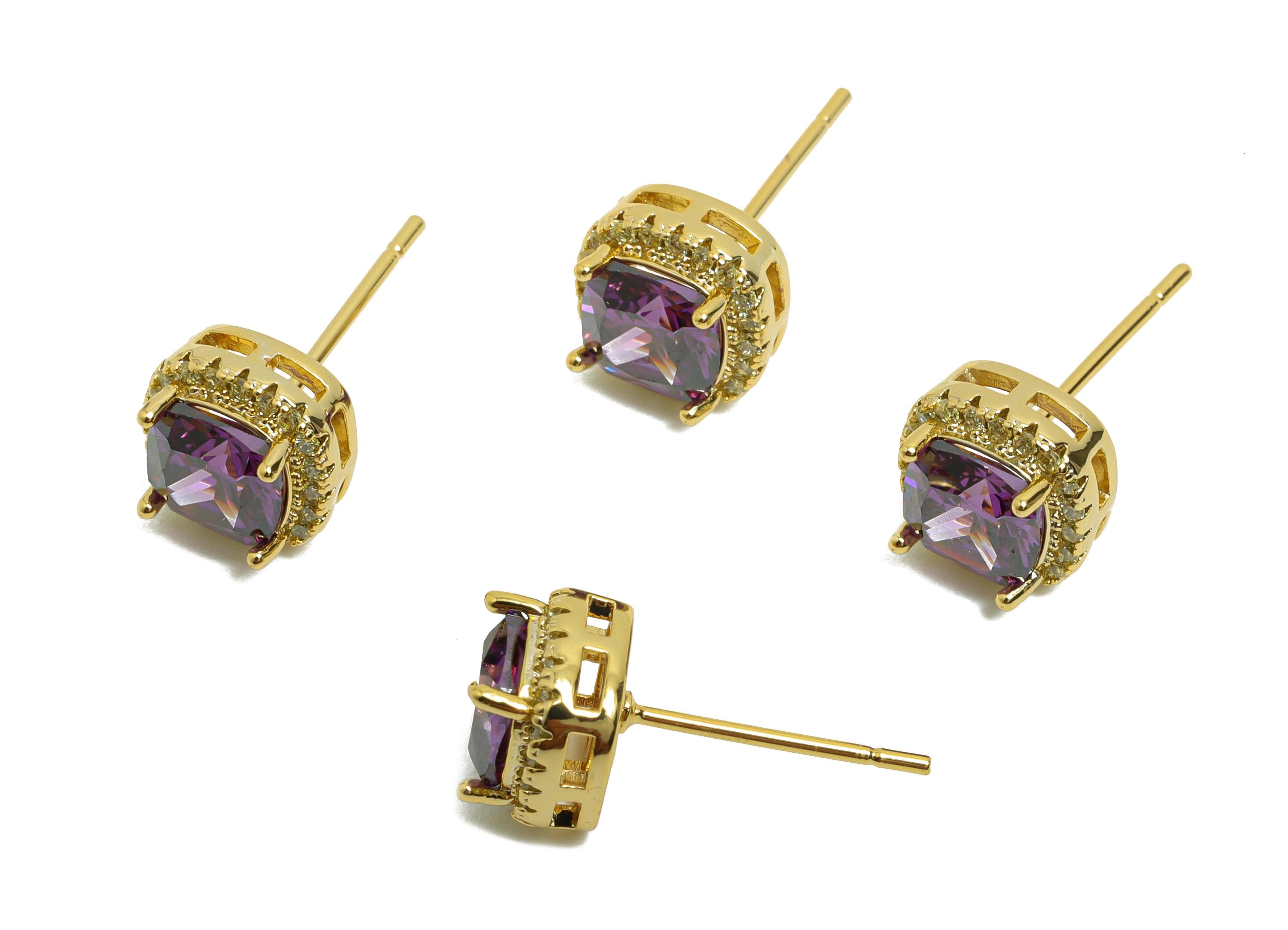 Brass Square Earring Post - Brass Zircon Earring Stud - Purple CZ Earring Stud - Gold Jewelry - 18K Real Gold Plating - 17x8x5mm - RGP8398G - DOMEDBAZAAR