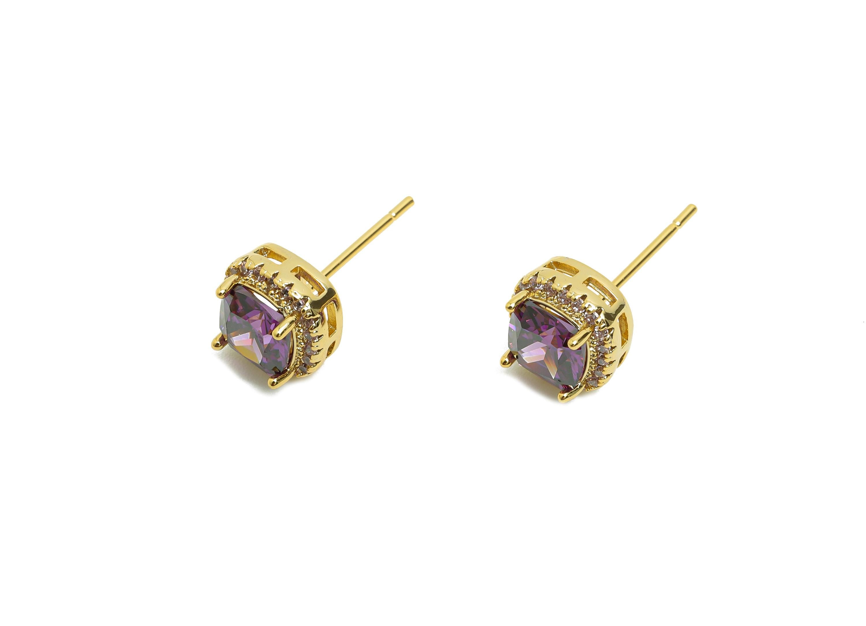 Brass Square Earring Post - Brass Zircon Earring Stud - Purple CZ Earring Stud - Gold Jewelry - 18K Real Gold Plating - 17x8x5mm - RGP8398V - DOMEDBAZAAR