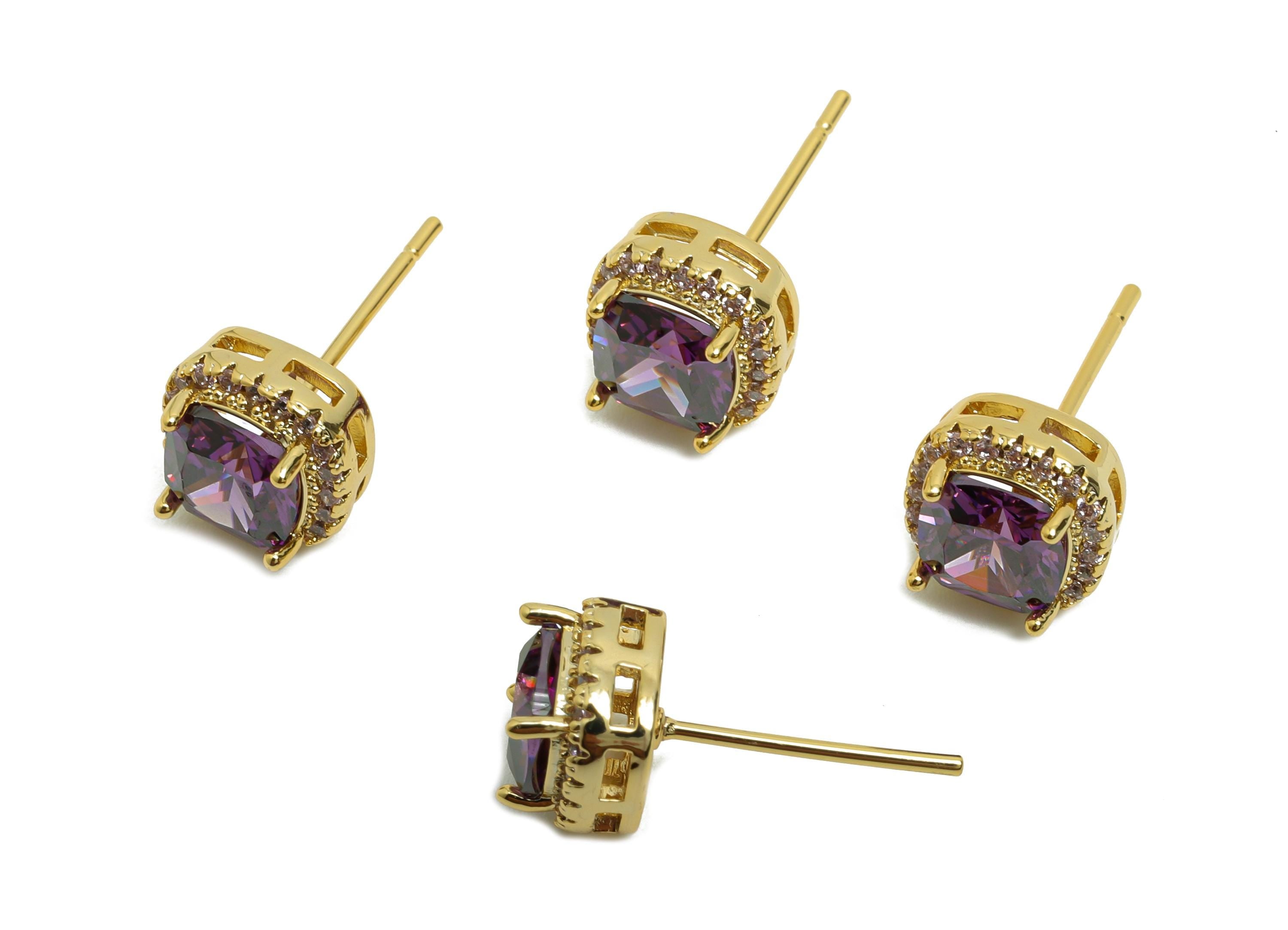 Brass Square Earring Post - Brass Zircon Earring Stud - Purple CZ Earring Stud - Gold Jewelry - 18K Real Gold Plating - 17x8x5mm - RGP8398V - DOMEDBAZAAR