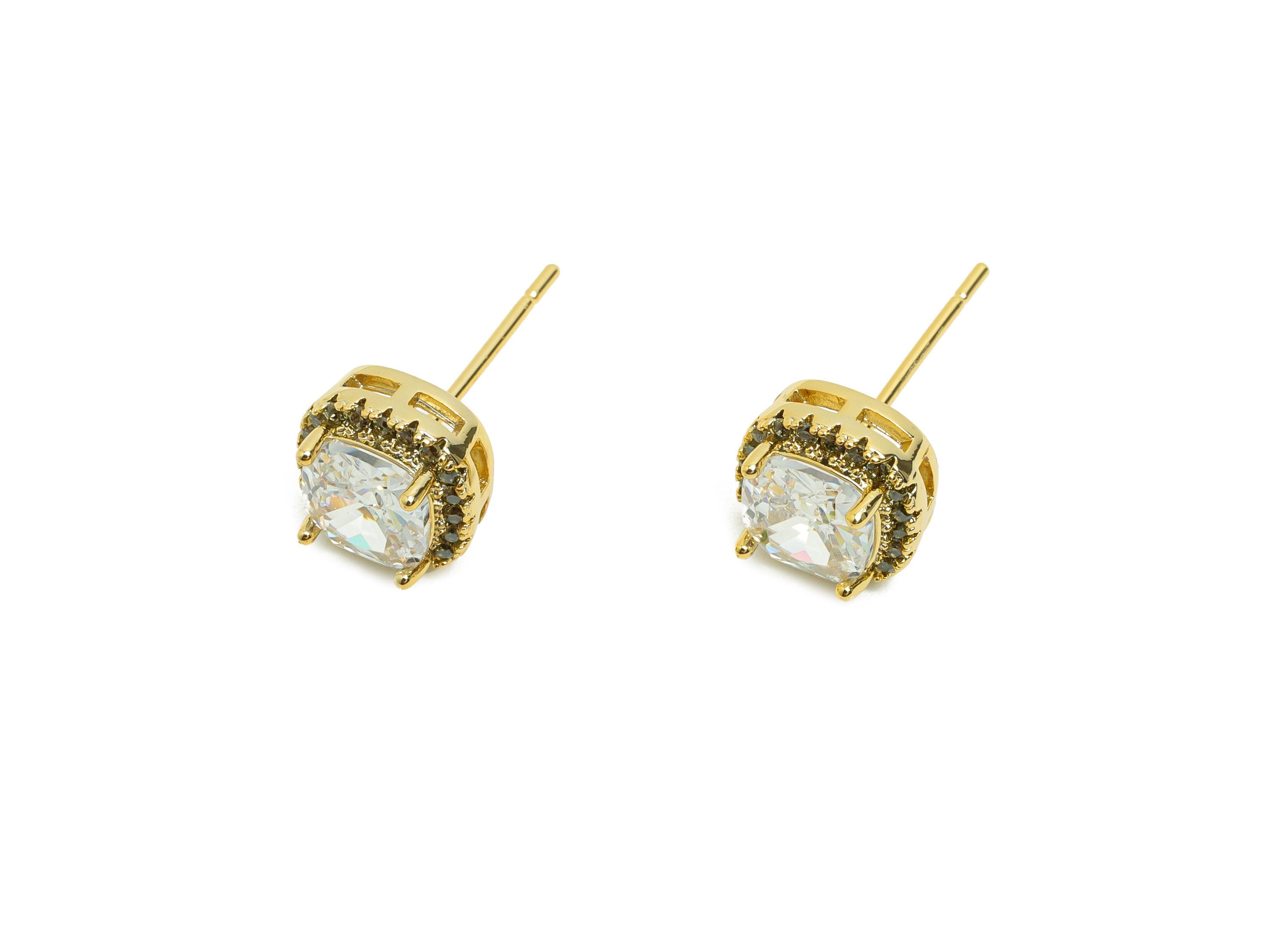 Brass Square Earring Post - Brass Zircon Earring Stud - White CZ Earring Stud - Gold Jewelry - 18K Real Gold Plating - 17x8x5mm - RGP8398J - DOMEDBAZAAR