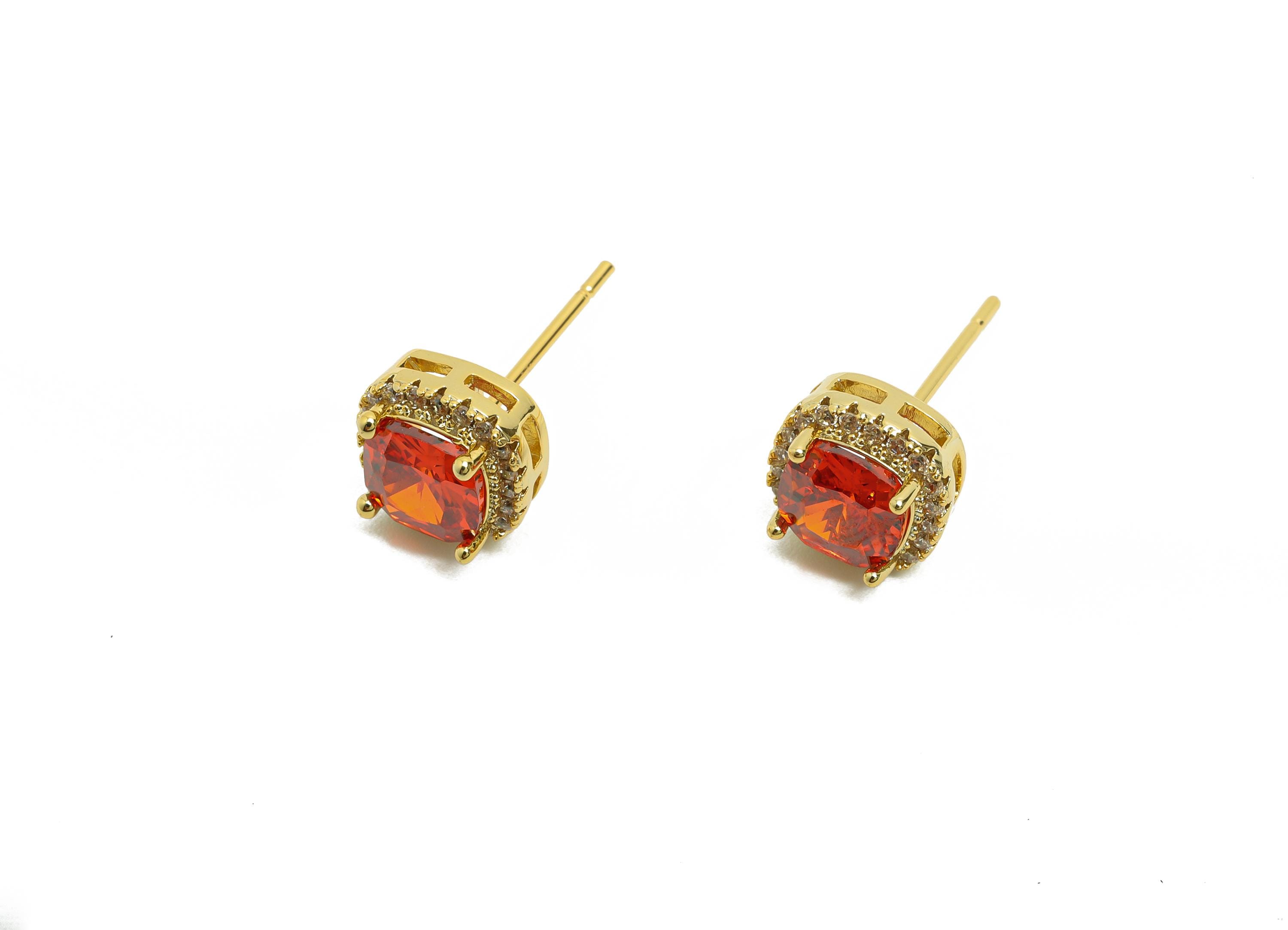 Brass Square Earring Post - Brass Zircon Earring Stud - Red CZ Earring Stud - Gold Jewelry - 18K Real Gold Plating - 17x8x5mm - RGP8398E - DOMEDBAZAAR