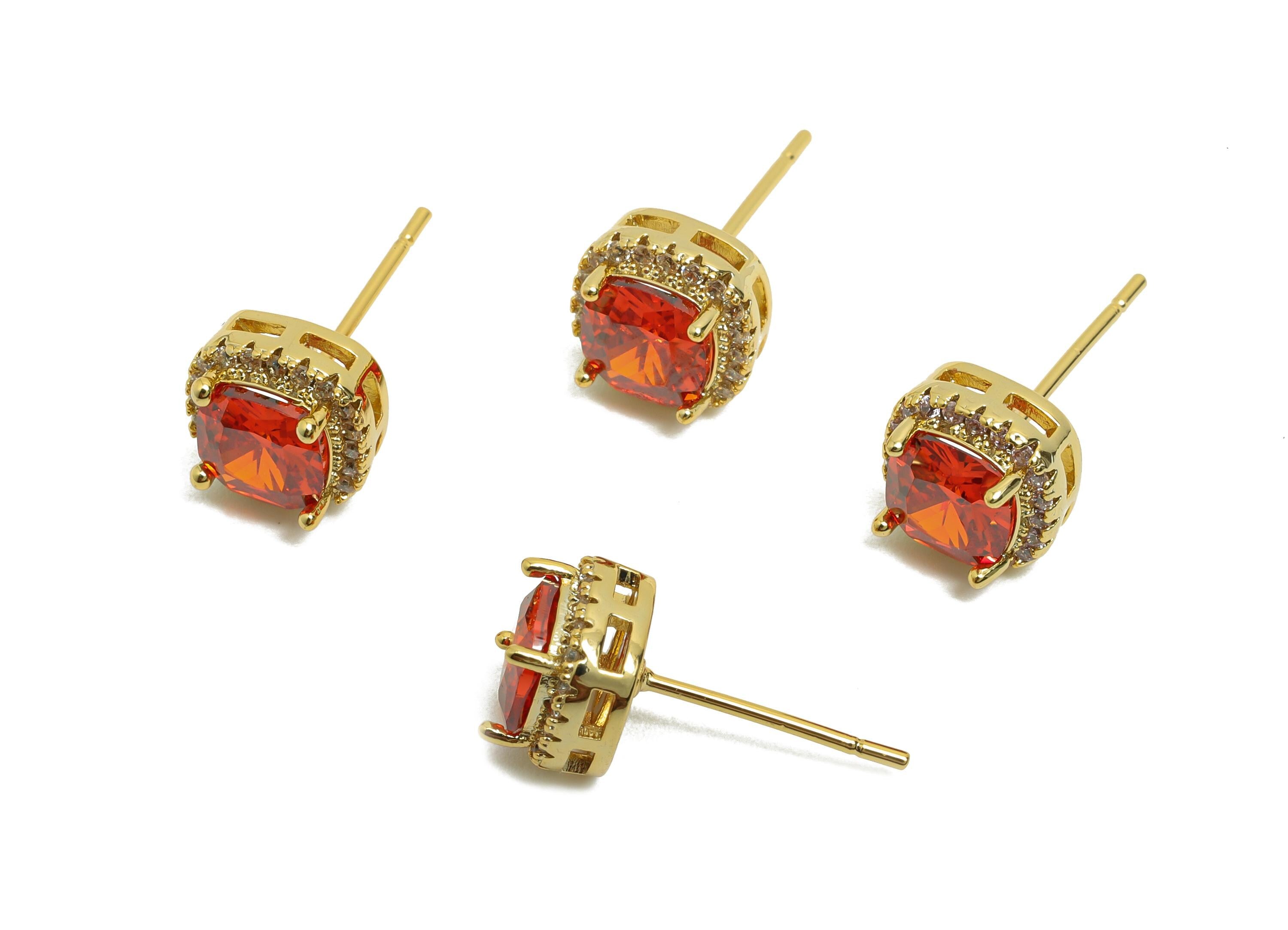 Brass Square Earring Post - Brass Zircon Earring Stud - Red CZ Earring Stud - Gold Jewelry - 18K Real Gold Plating - 17x8x5mm - RGP8398E - DOMEDBAZAAR