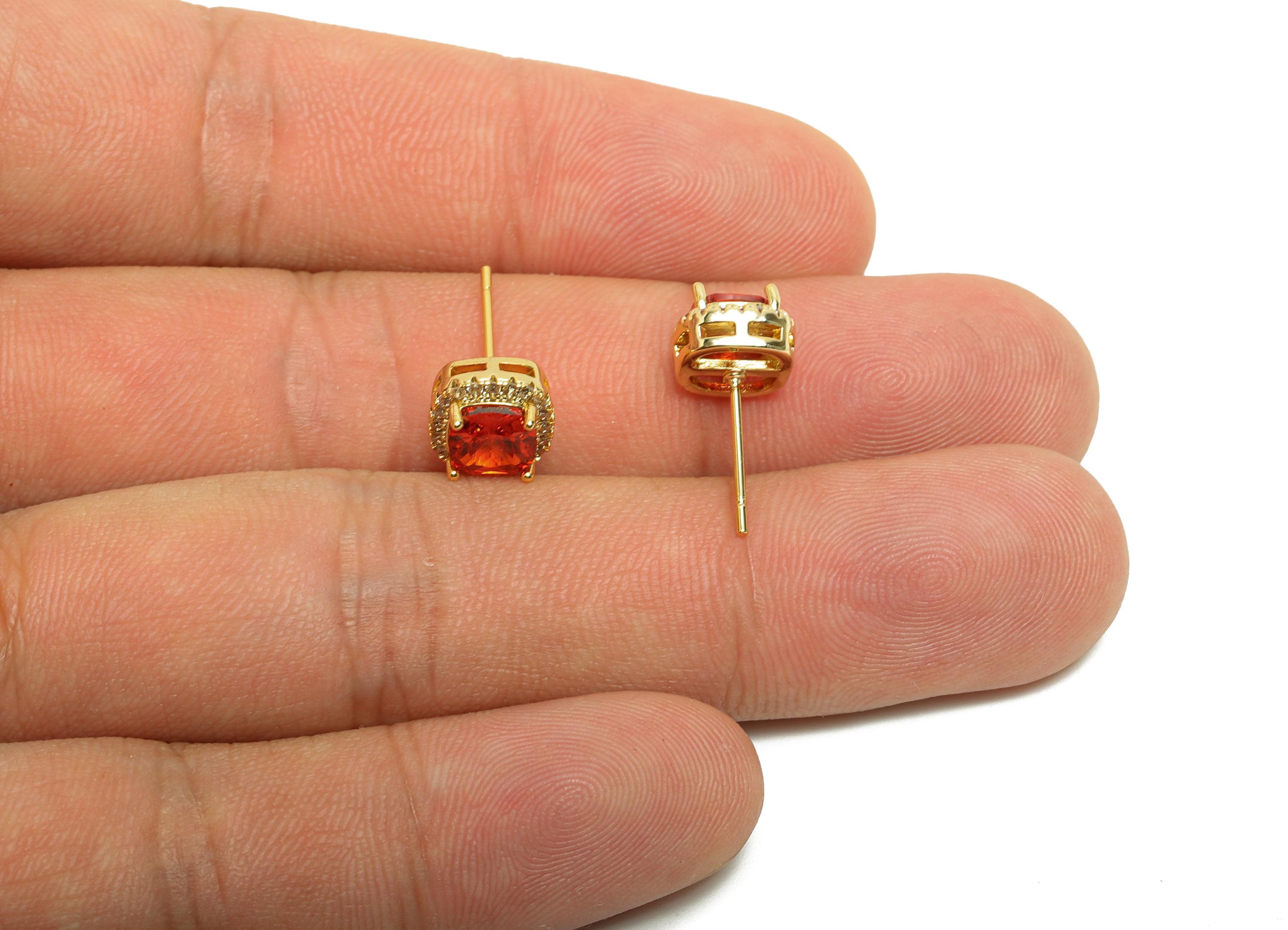 Brass Square Earring Post - Brass Zircon Earring Stud - Red CZ Earring Stud - Gold Jewelry - 18K Real Gold Plating - 17x8x5mm - RGP8398E - DOMEDBAZAAR