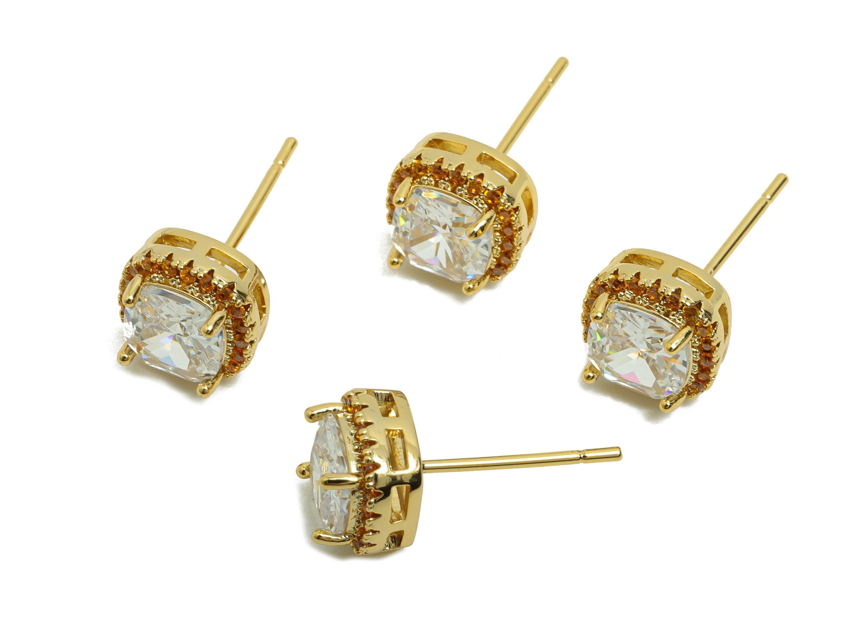 Brass Square Earring Post - Brass Zircon Earring Stud - White CZ Earring Stud - Gold Jewelry - 18K Real Gold Plating - 17x8x5mm - RGP8398A - DOMEDBAZAAR