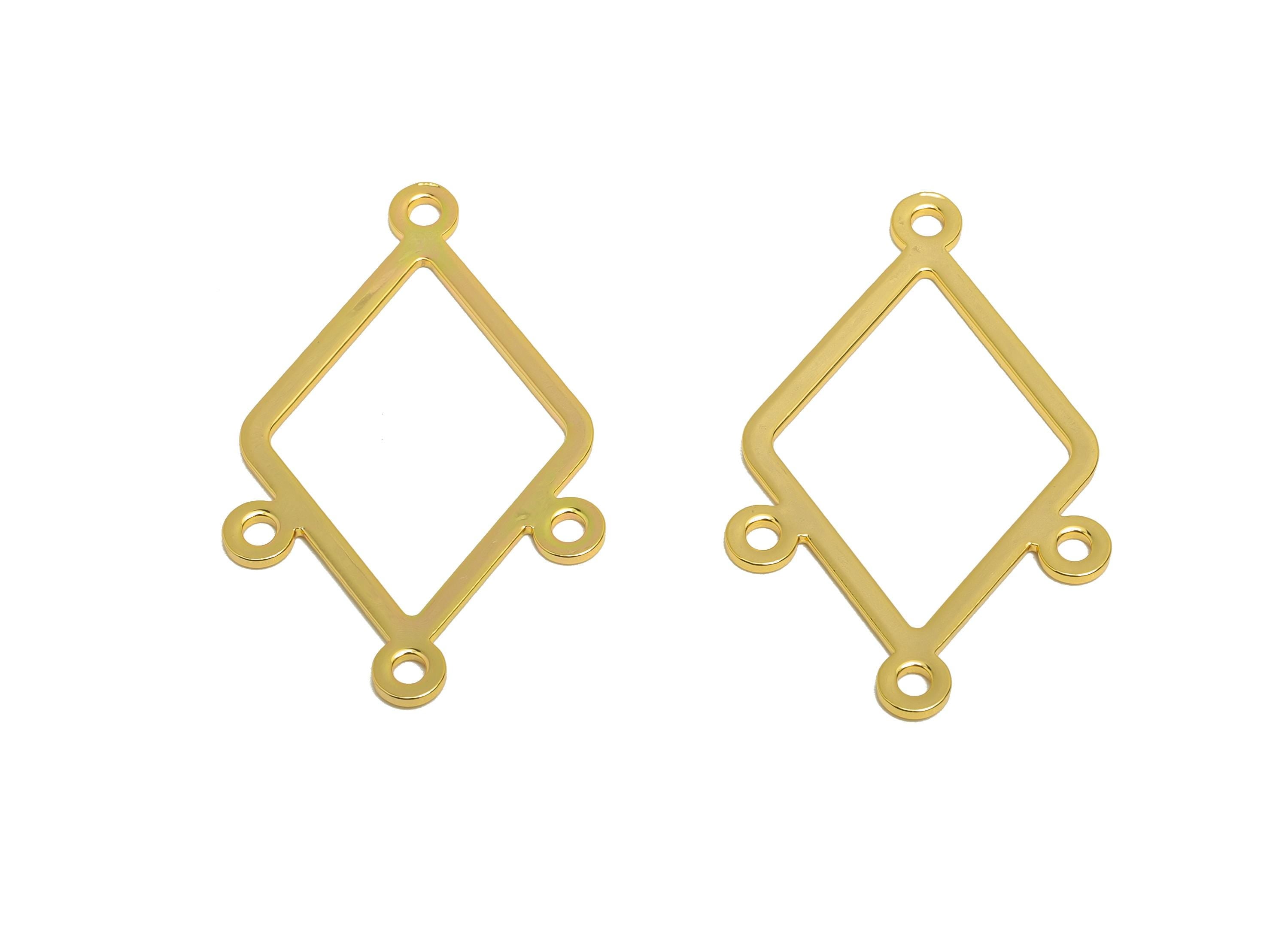Brass Diamond Connector - Brass DIY Jewelry Component - Gold Connector Charm with Four Loops - 18K Real Gold Plating - 34x21x0.8mm -RGP10213 - DOMEDBAZAAR