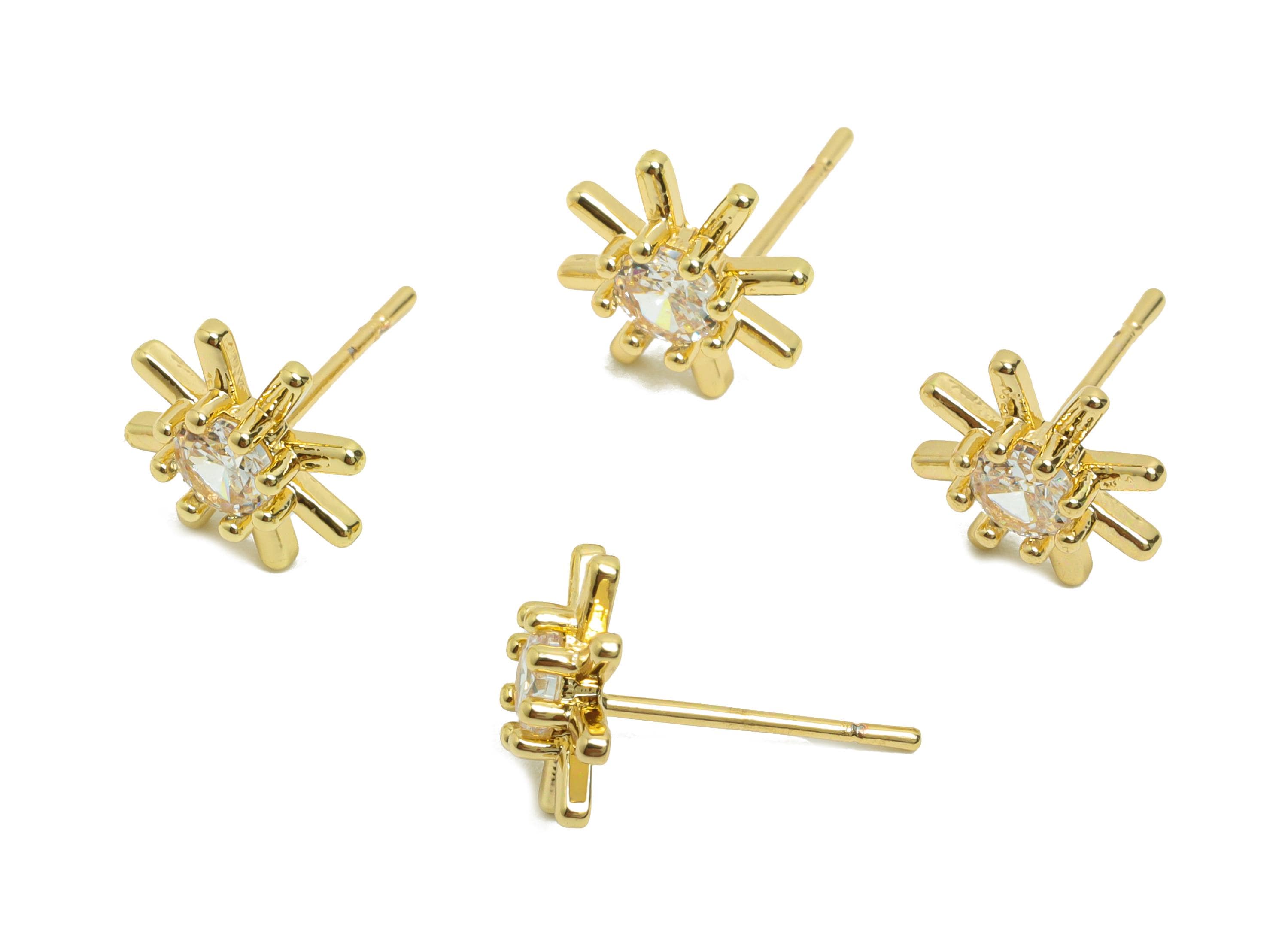 Brass Flower Earring Post - Brass Zircon Earring Stud - Sunshine CZ Earring Stud - Gold Jewelry - 18K Real Gold Plating - 14x9x3mm - RGP8406 - DOMEDBAZAAR