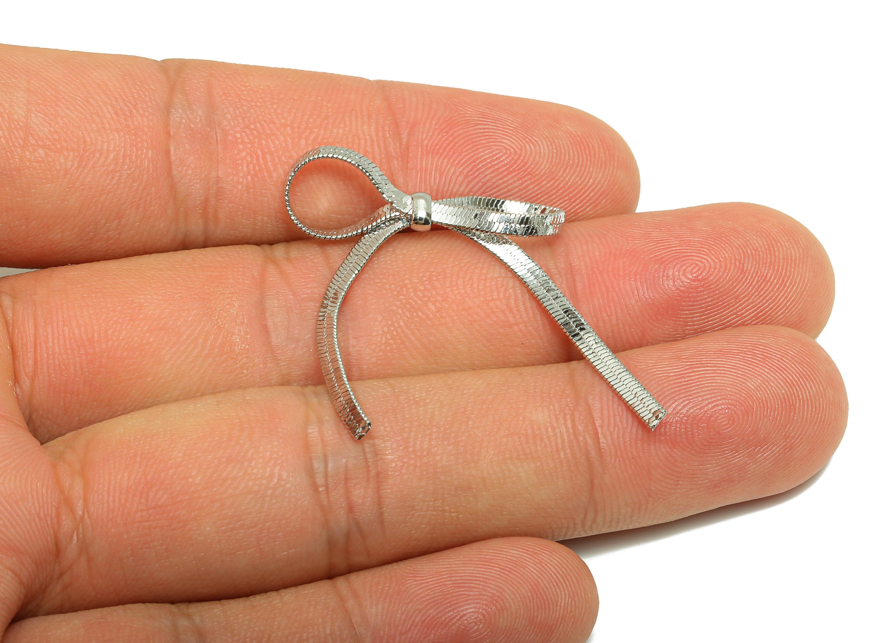 Brass Bow Earring Stud - Brass Chain Bow Earring Post - Brass Ribbon Earring Post - 18k Real White Gold Plating - 38x25x3.4mm - RGP10125 - DOMEDBAZAAR