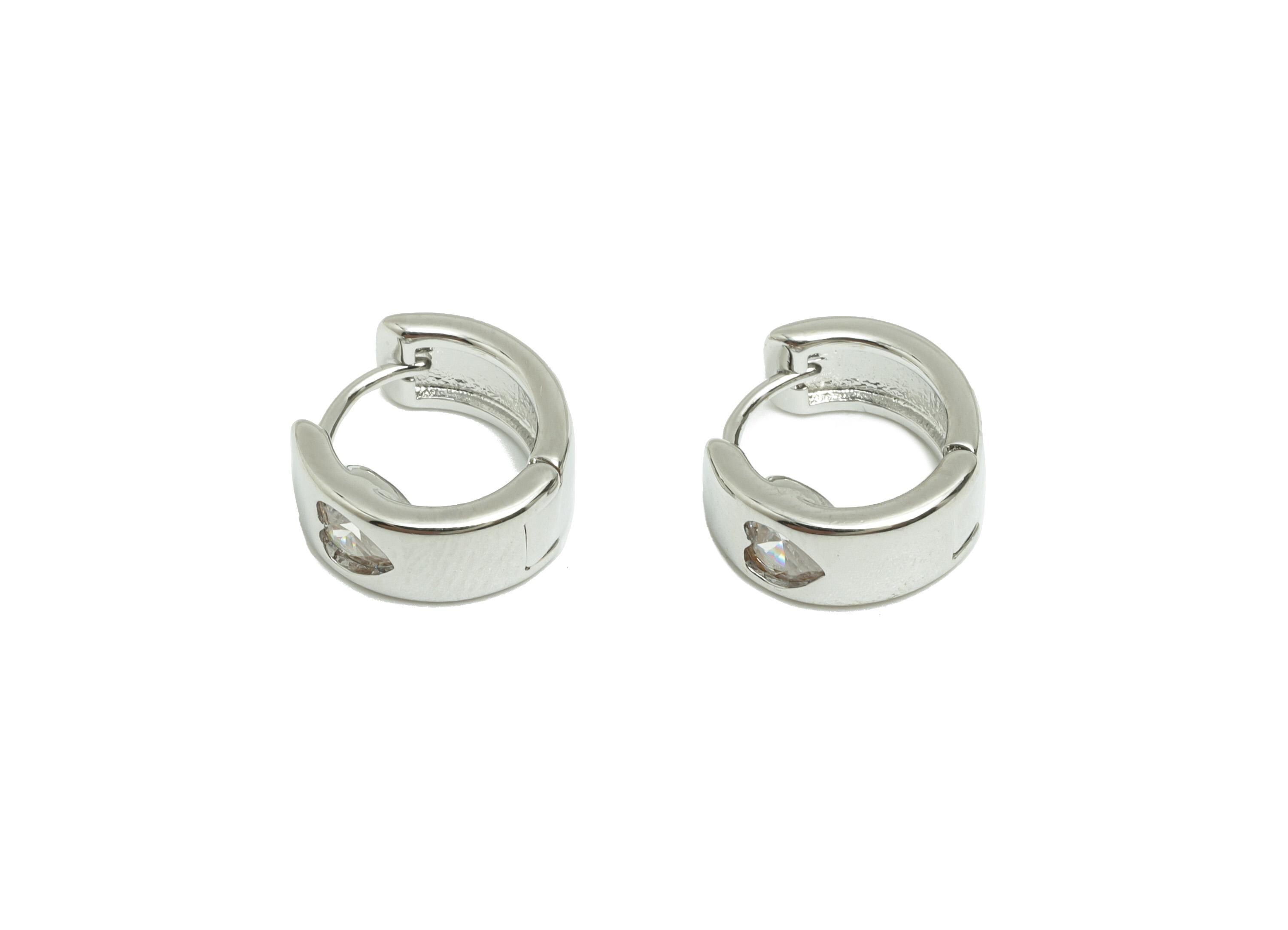 Brass CZ Hoop Earring - Brass Heart Zircon Huggie Earring  - Brass Elegant Hoop Earring - 18k Real White Gold Plating - 11x11x5mm - RGP10249 - DOMEDBAZAAR