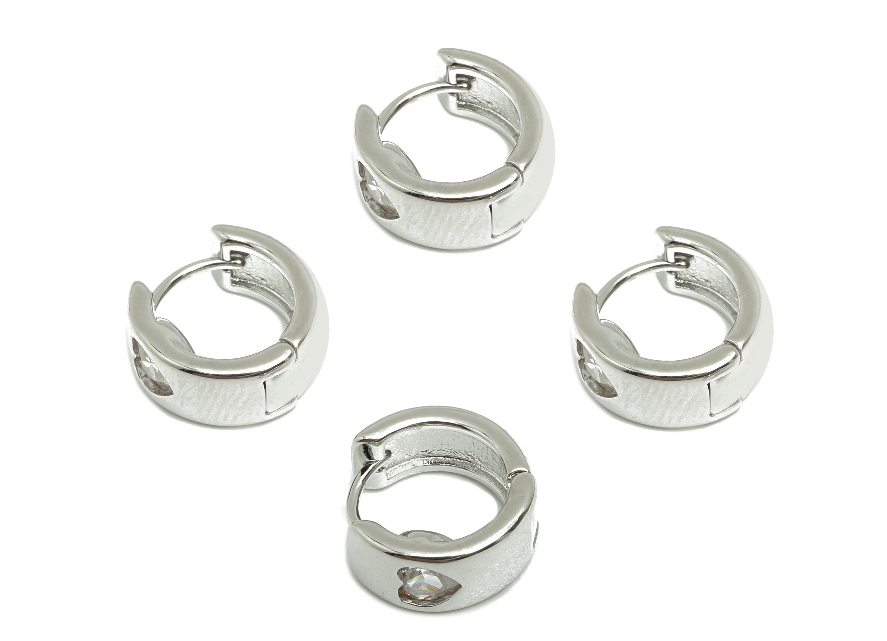 Brass CZ Hoop Earring - Brass Heart Zircon Huggie Earring  - Brass Elegant Hoop Earring - 18k Real White Gold Plating - 11x11x5mm - RGP10249 - DOMEDBAZAAR