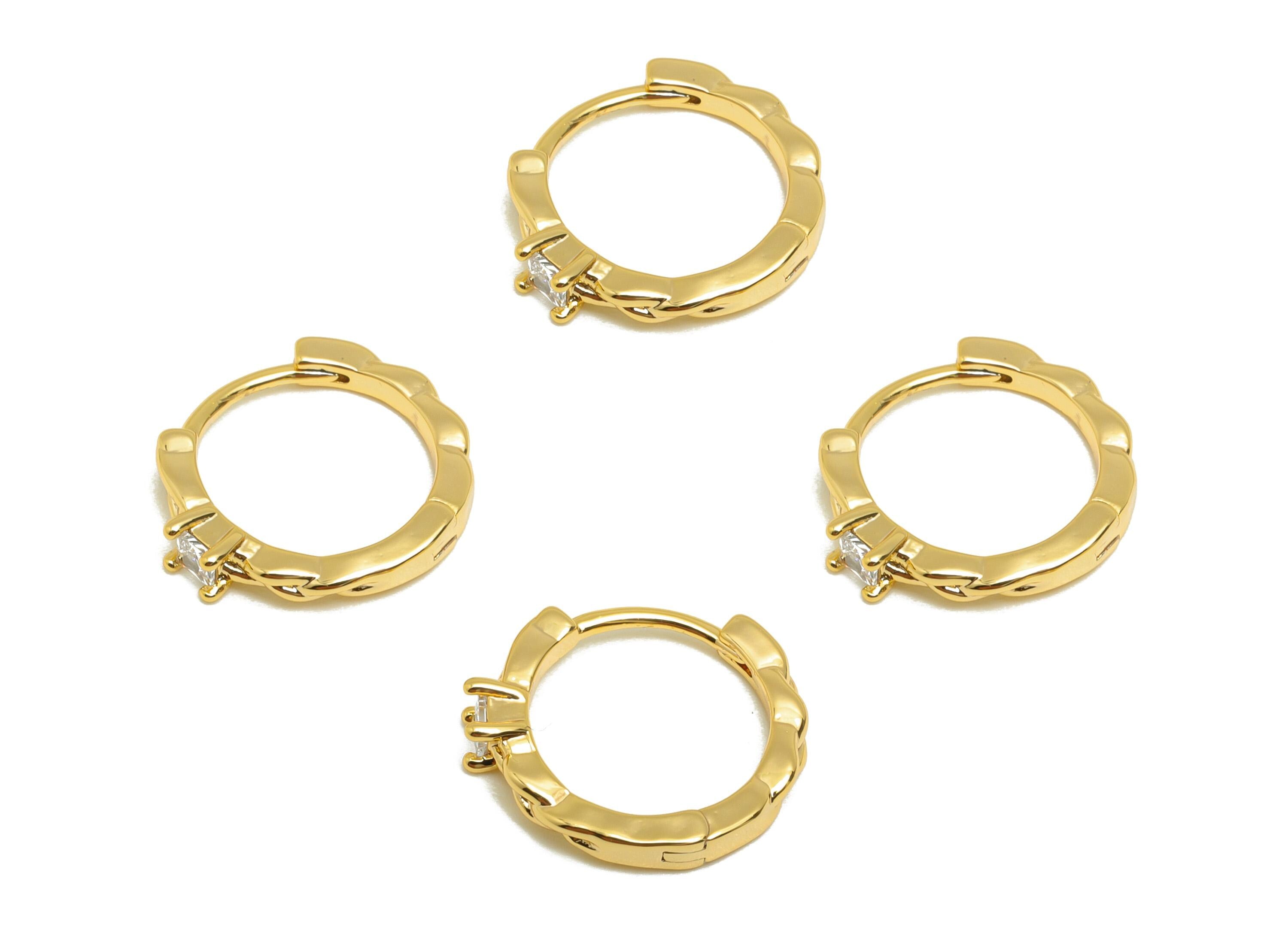 Brass CZ Hoop Earring - Brass Zircon Minimalist Huggie Earring - Twisted Gold Huggie Earring - 18k Real Gold Plating - 13x12x2mm - RGP10244 - DOMEDBAZAAR