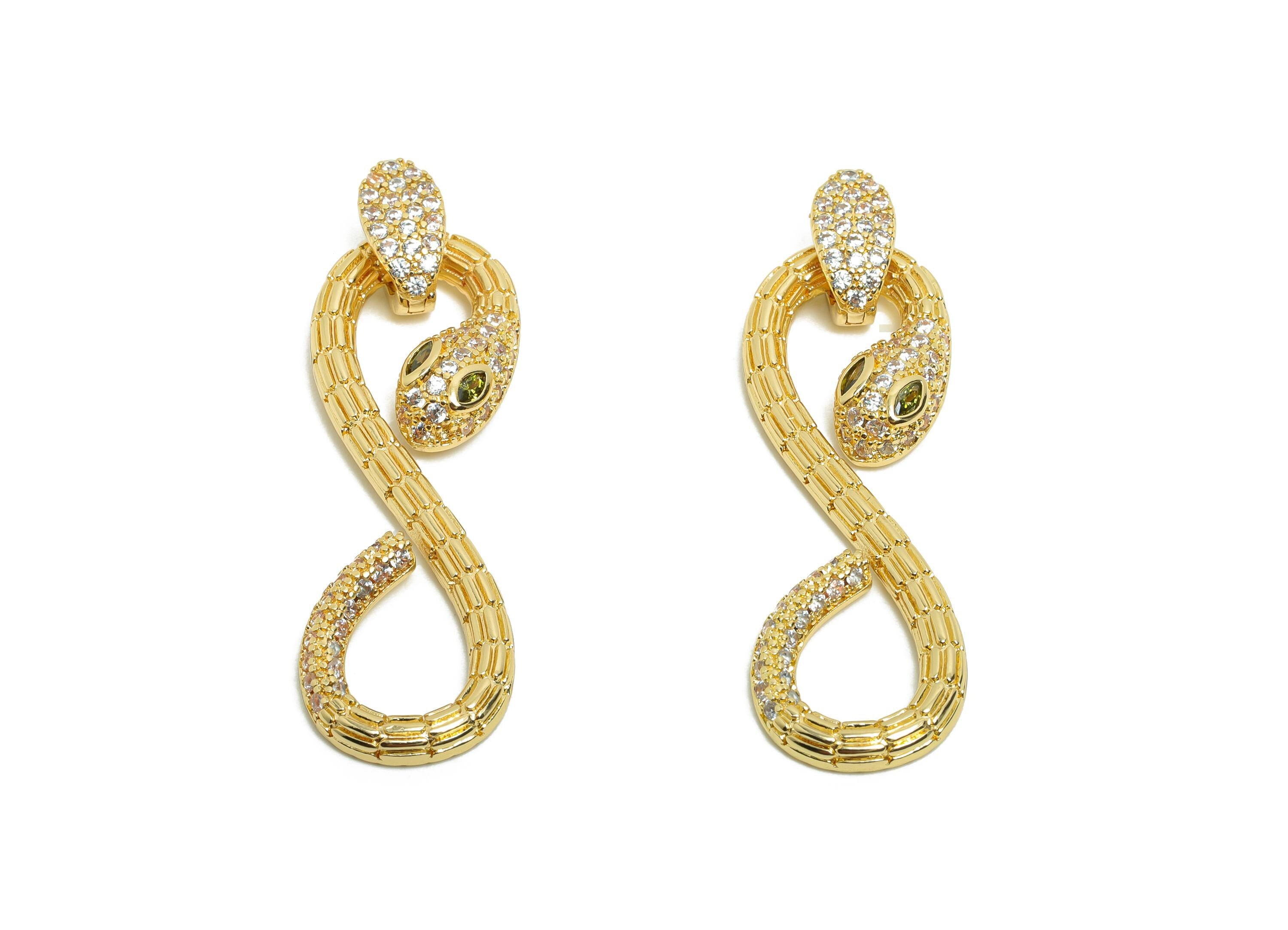 Brass Snake Earring Charm - Brass Earring Charm - For Her - Zircon Snake Pendant - Gold Jewelry - 18K Real Gold Plated - 40x12x3mm - RGP8400 - DOMEDBAZAAR