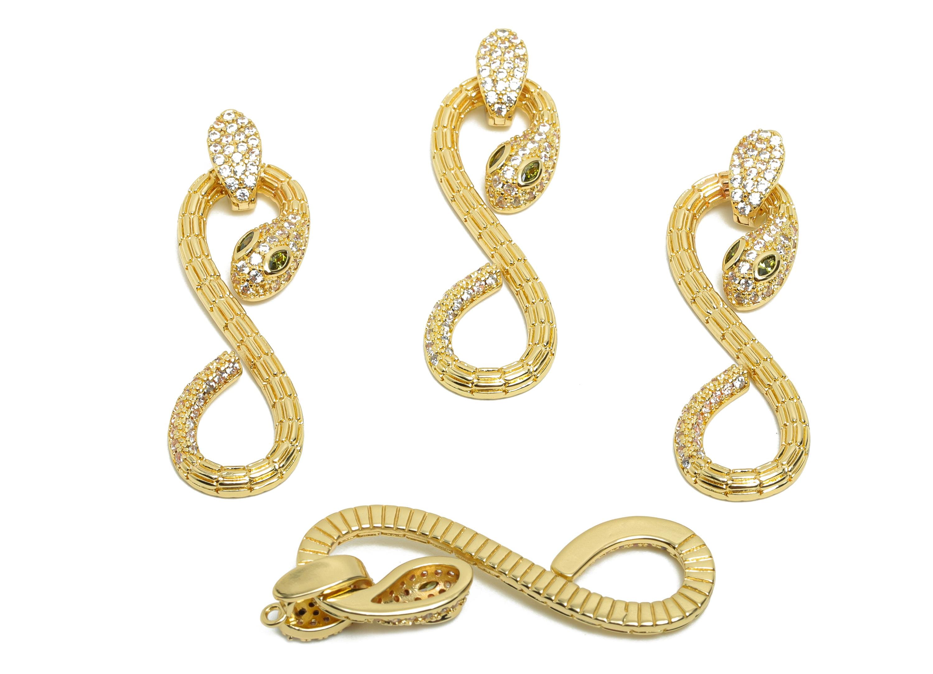 Brass Snake Earring Charm - Brass Earring Charm - For Her - Zircon Snake Pendant - Gold Jewelry - 18K Real Gold Plated - 40x12x3mm - RGP8400 - DOMEDBAZAAR