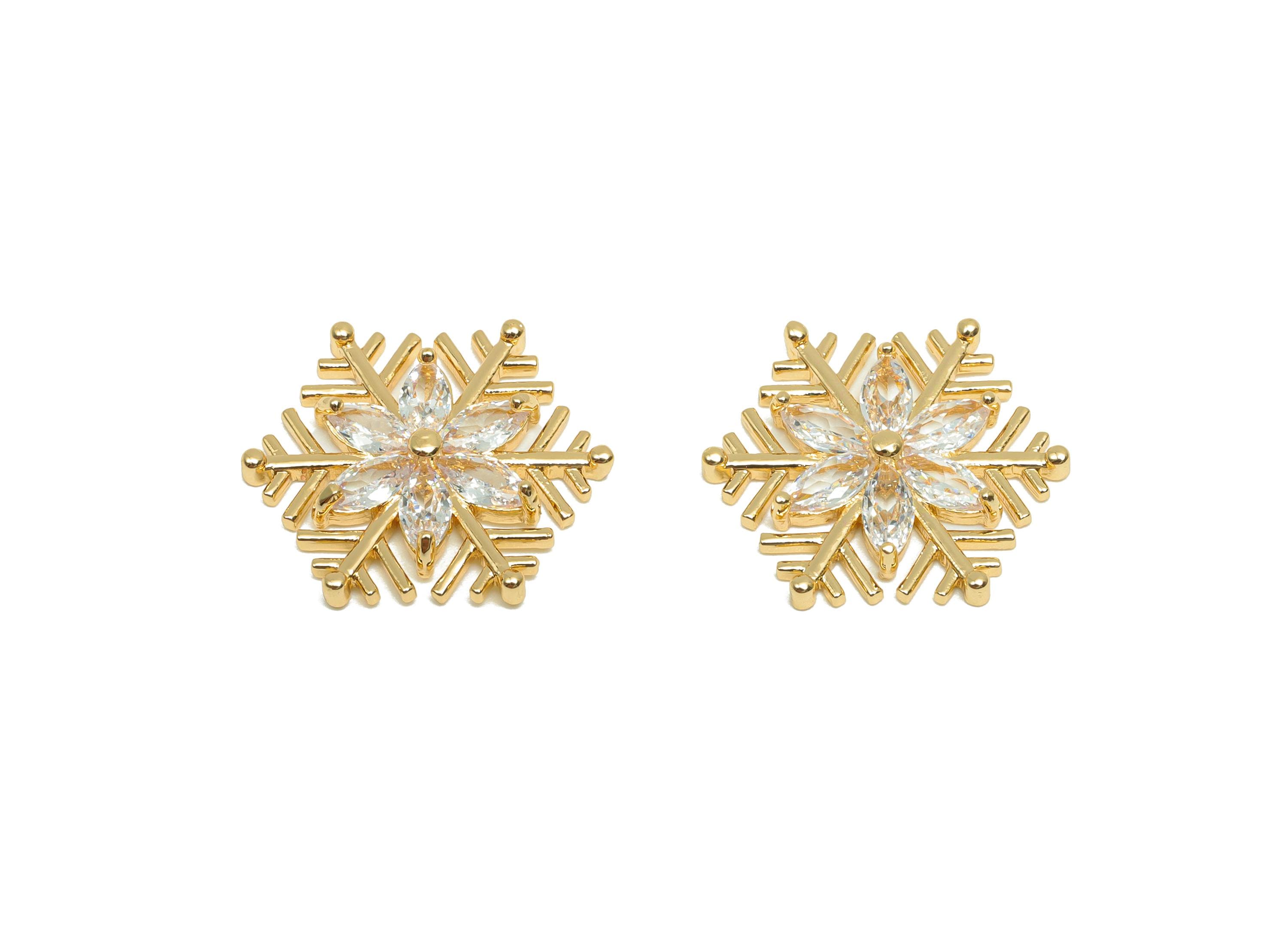 Brass CZ Earring Charm - Snowflake Charm for Girl’s - Gold Zircon Snowflake Pendant - 18K Real Gold Plating - 17.8x17.5x2.8mm - RGP8268 - DOMEDBAZAAR