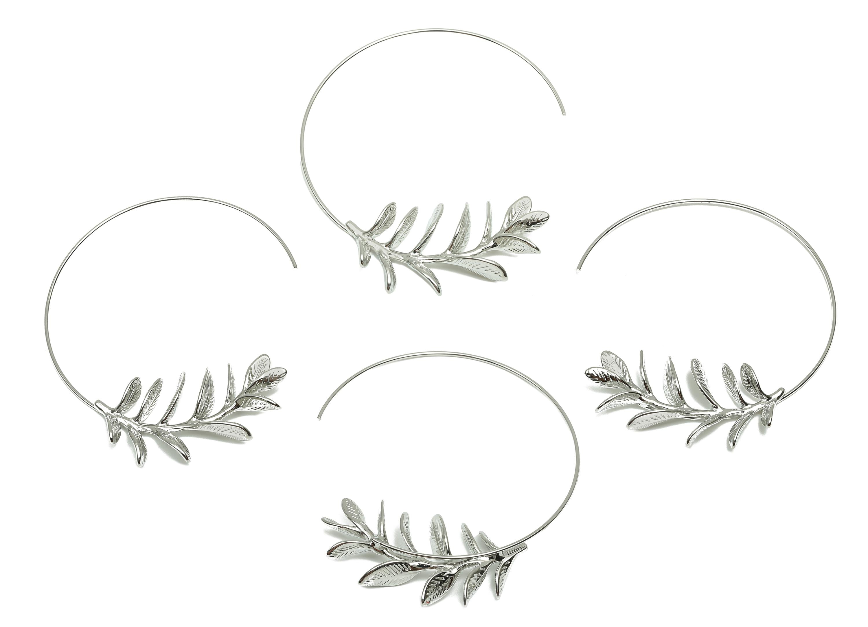 Brass Leaf Earring Wire - Open Round Woman&#39;s Earring Hook - Textured Circle Earring Wire - 18K Real White Gold Plating-58x55x5.3mm - RGP8269 - DOMEDBAZAAR