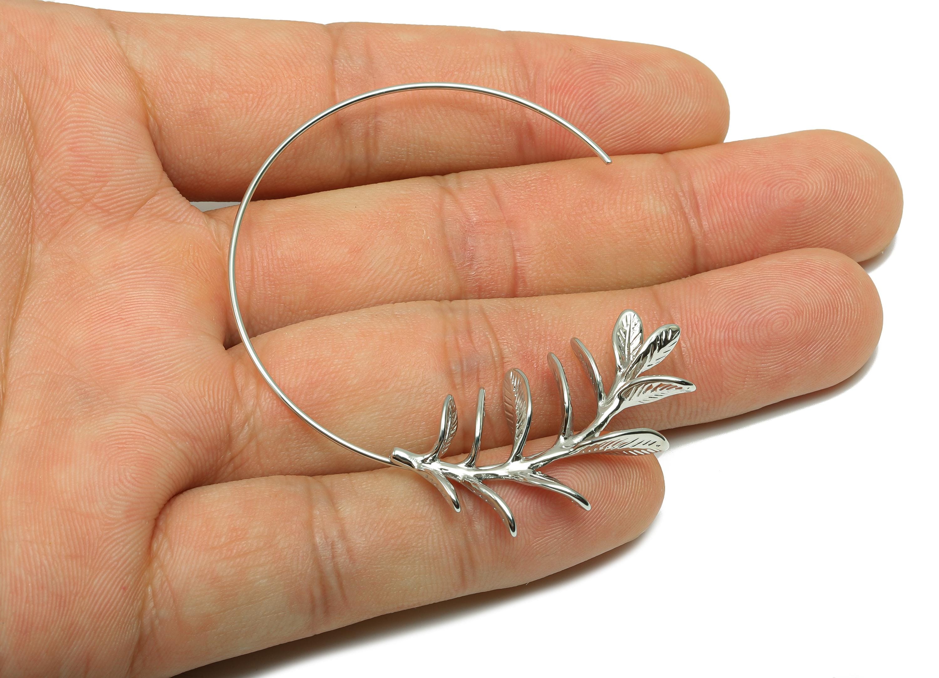 Brass Leaf Earring Wire - Open Round Woman&#39;s Earring Hook - Textured Circle Earring Wire - 18K Real White Gold Plating-58x55x5.3mm - RGP8269 - DOMEDBAZAAR