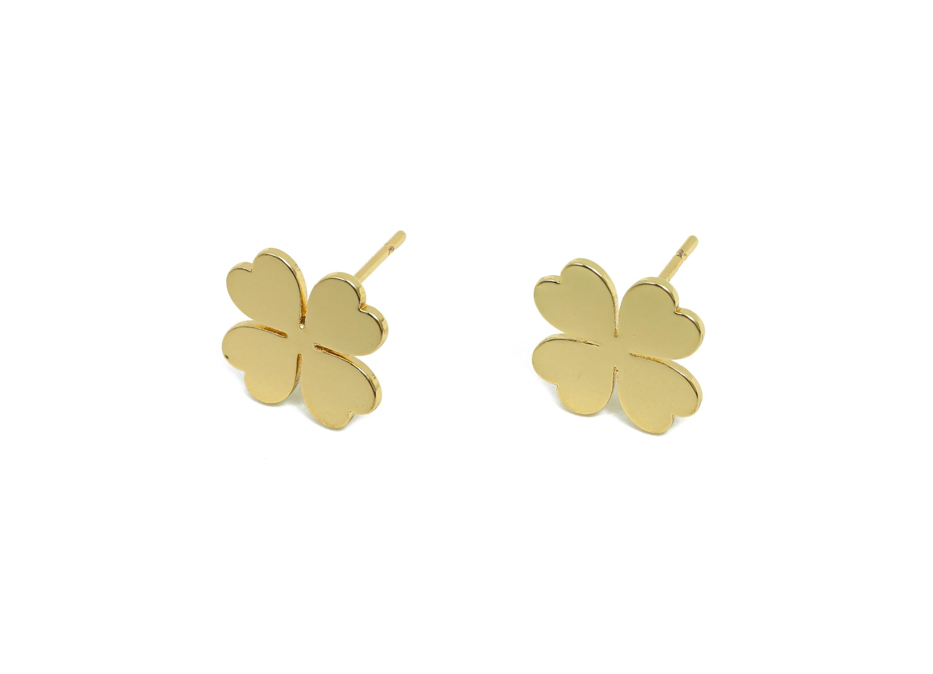 Brass Flower Earring Stud - Four Leaf Clover Earring for Girl&#39;s - Gold Heart Earring Post - 18K Real Gold Plating - 13.1x11.9x0.7mm- RGP8414 - DOMEDBAZAAR