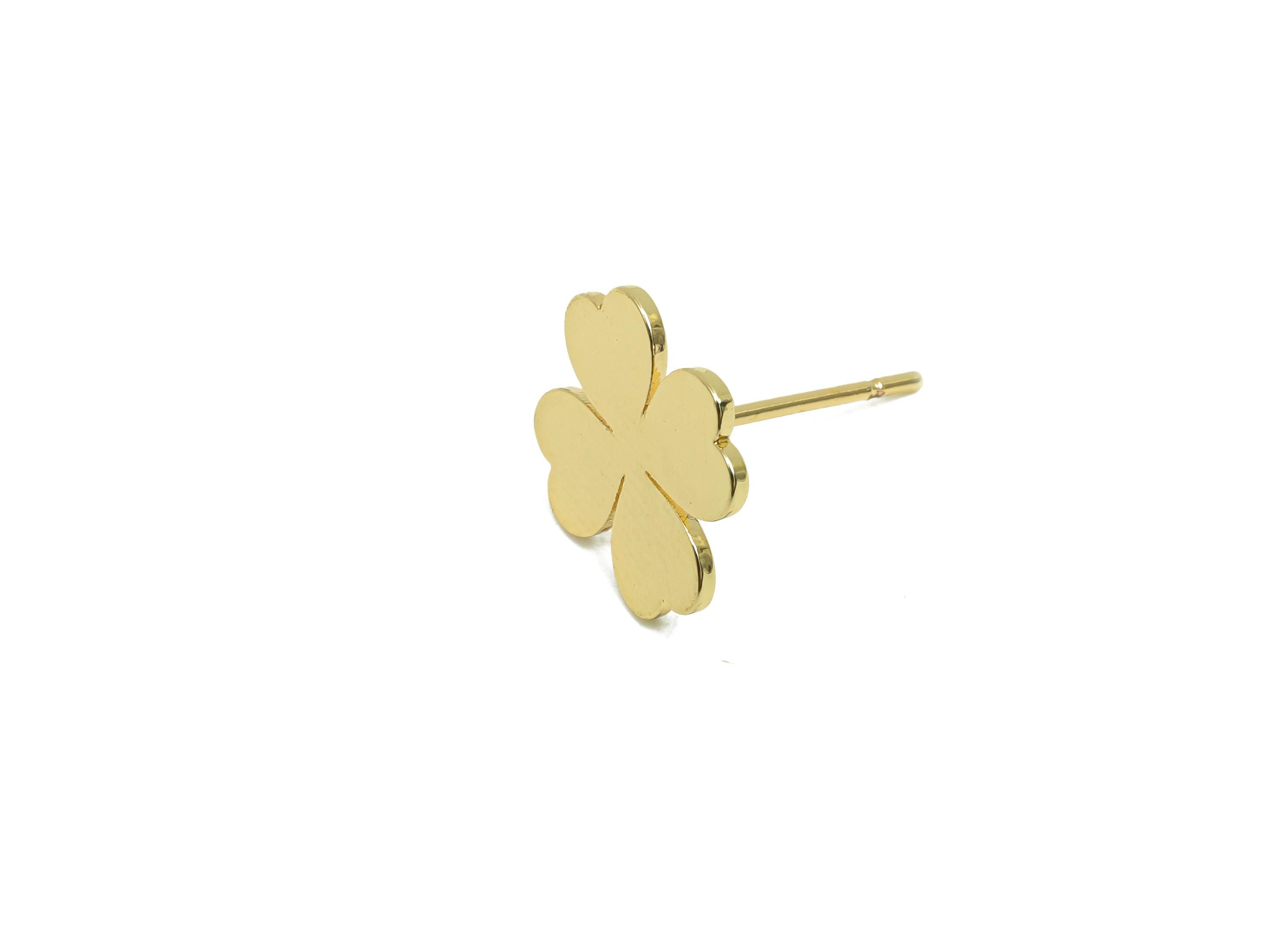 Brass Flower Earring Stud - Four Leaf Clover Earring for Girl&#39;s - Gold Heart Earring Post - 18K Real Gold Plating - 13.1x11.9x0.7mm- RGP8414 - DOMEDBAZAAR