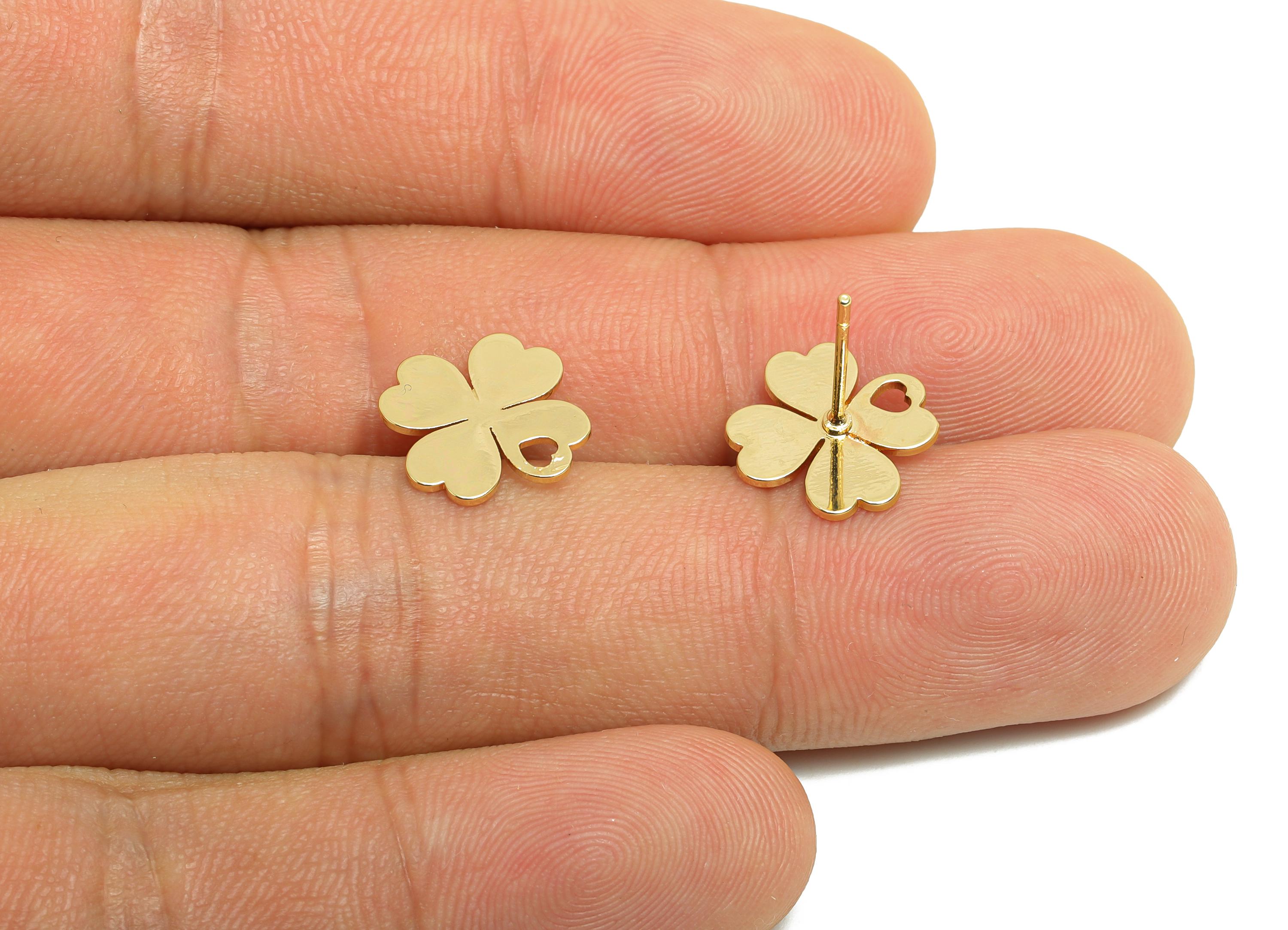 Brass Flower Earring Stud - Four Leaf Clover Earring for Girl&#39;s - Gold Heart Earring Post - 18K Real Gold Plating - 13.1x11x0.7mm - RGP8415 - DOMEDBAZAAR