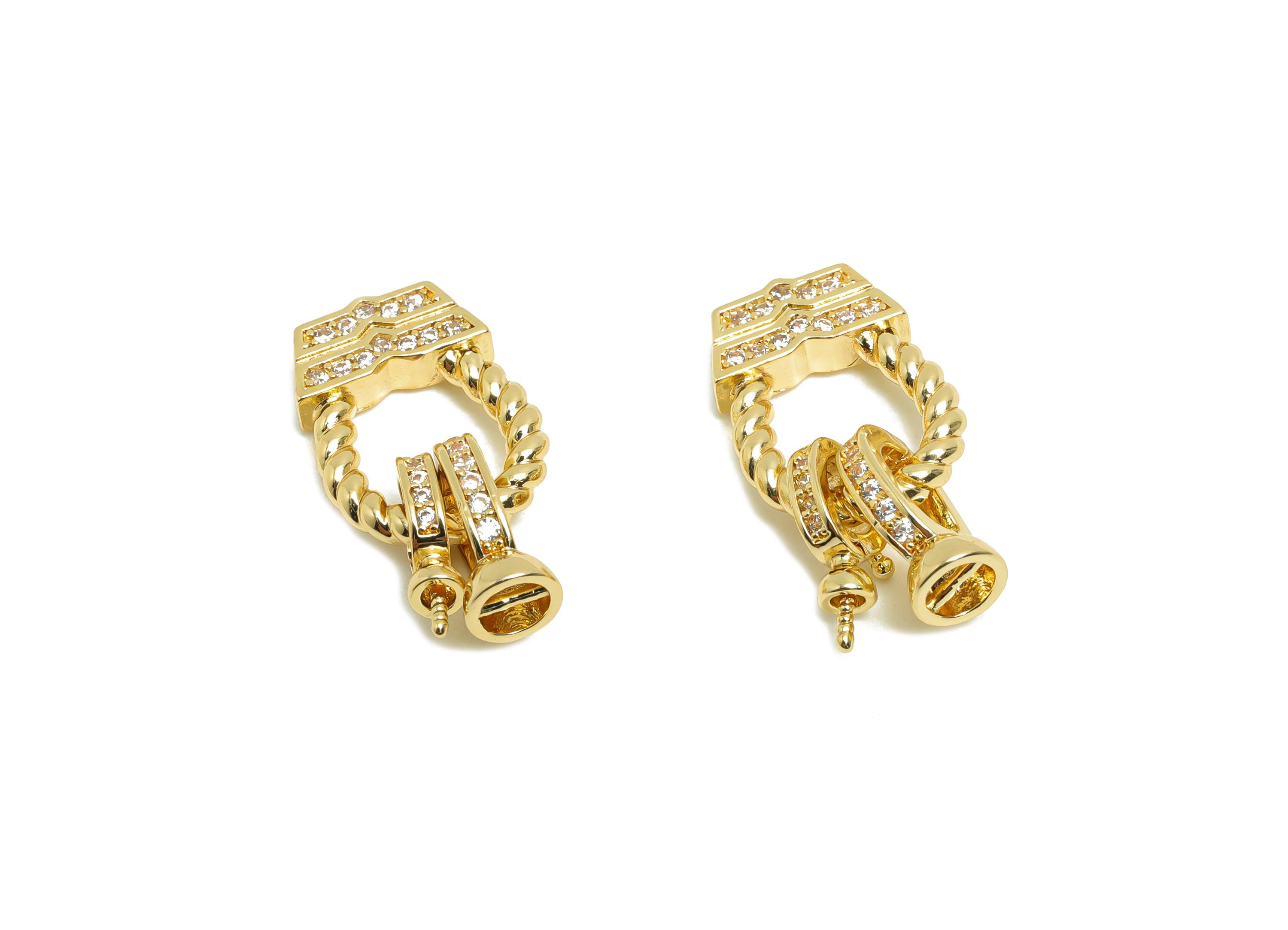 Brass Bracelet Connector - Gold Twisted Setting Peral Charm - CZ Necklace Connector - 18K Real Gold Plating - 22.03x12.6x2.73mm - RGP8416 - DOMEDBAZAAR