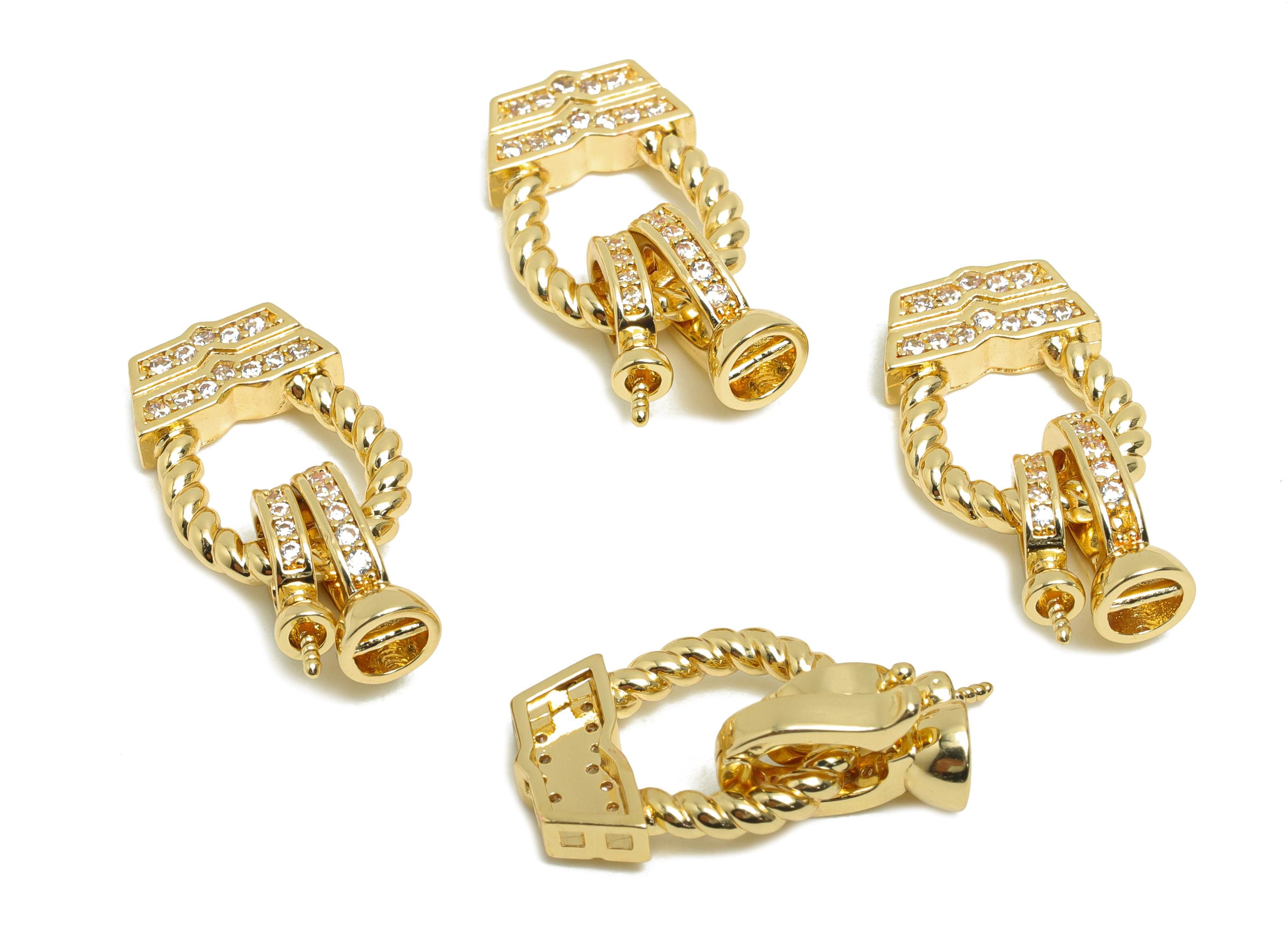 Brass Bracelet Connector - Gold Twisted Setting Peral Charm - CZ Necklace Connector - 18K Real Gold Plating - 22.03x12.6x2.73mm - RGP8416 - DOMEDBAZAAR