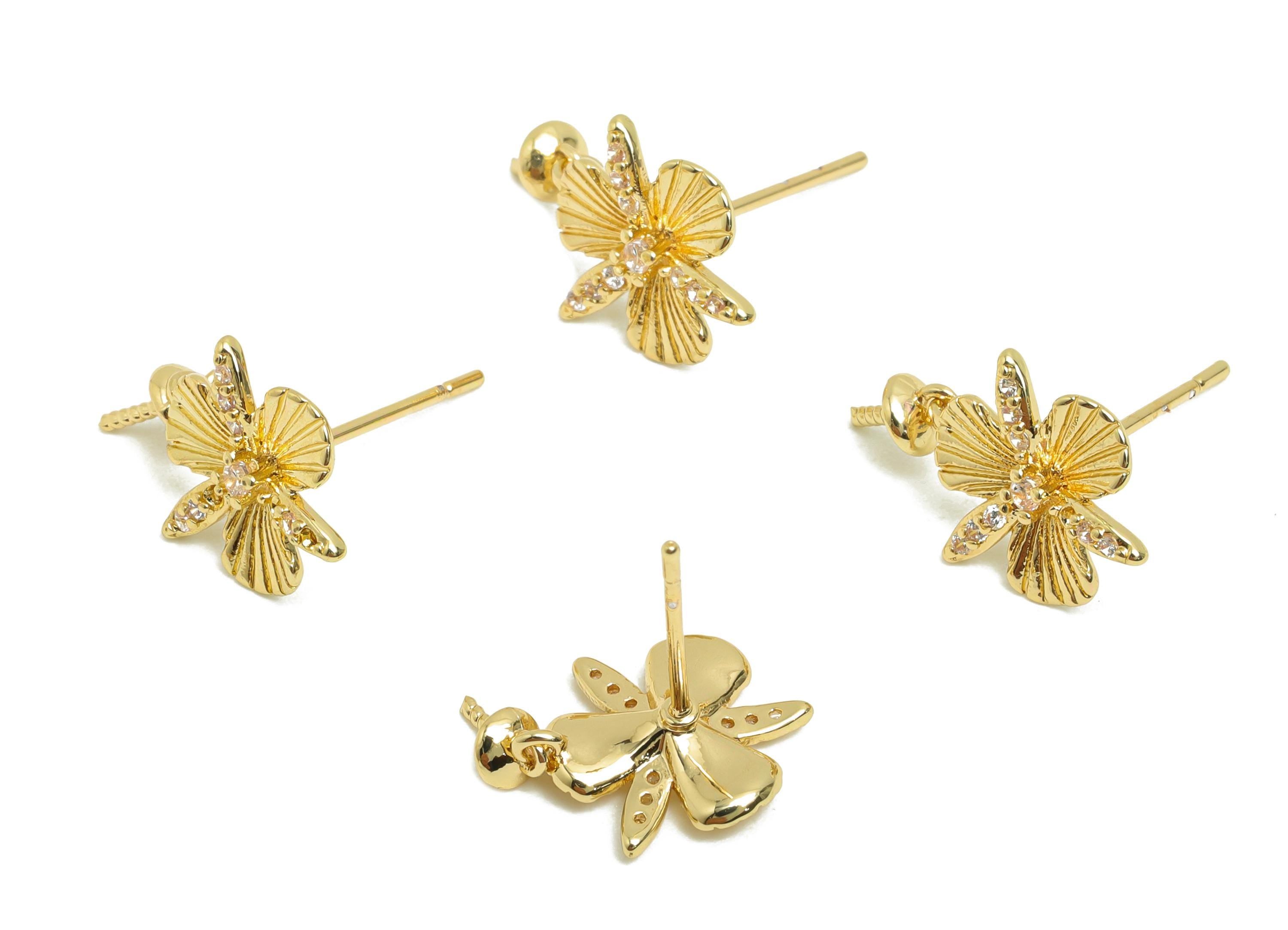 Brass Flower Ear Stud - Textured Earring Setting for Girl&#39;s - Gold Zircon Earring for Party - 18K Real Gold Plating-17.4x11.6x3.5mm- RGP8418 - DOMEDBAZAAR