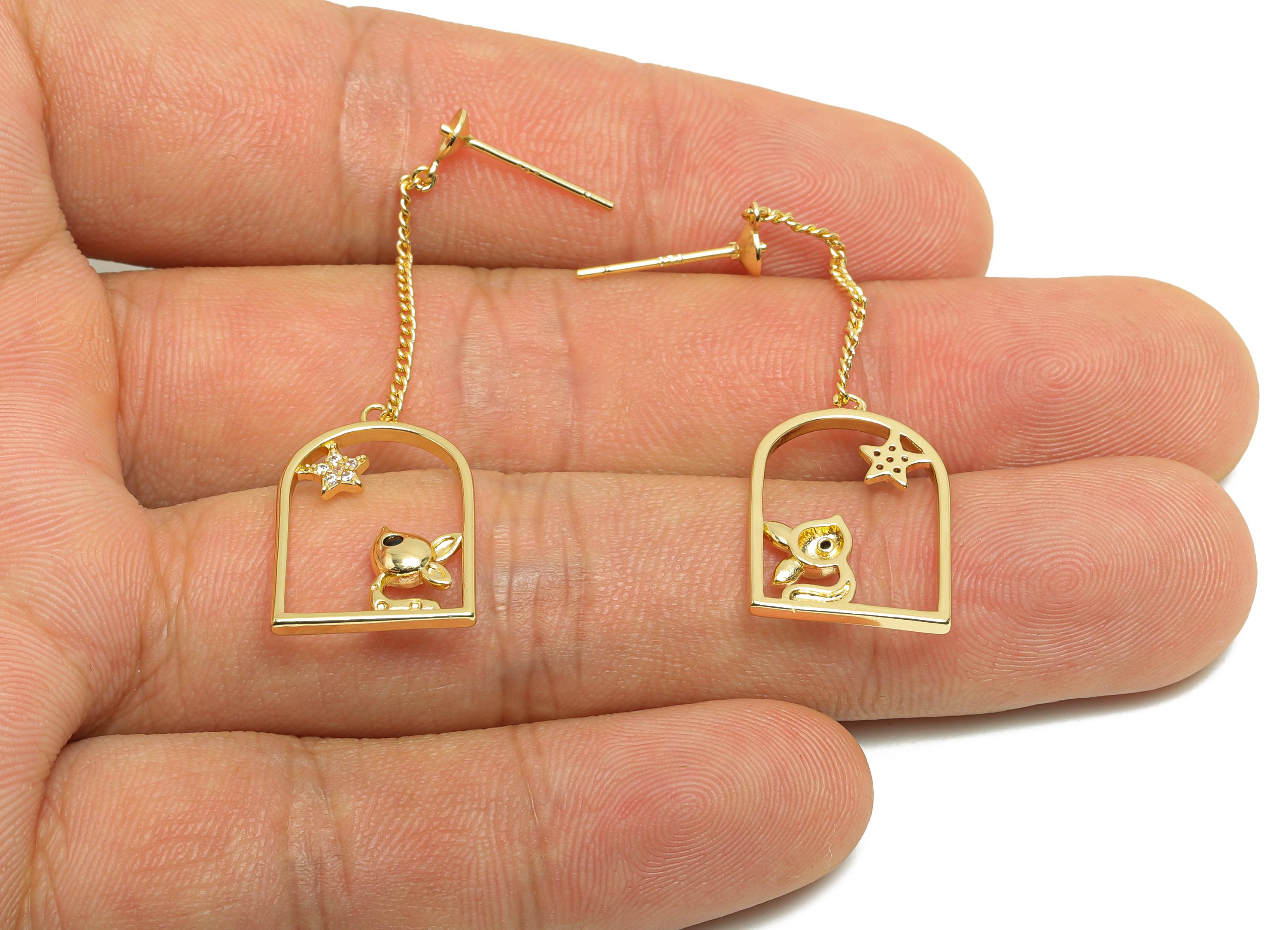 Brass Dangle Earring Setting - Gold Star Rabbit Earring for Girl&#39;s - CZ Dangle Chian Ear - 18K Real Gold Plated - 46.2x13.7x2.3mm - RGP8419 - DOMEDBAZAAR