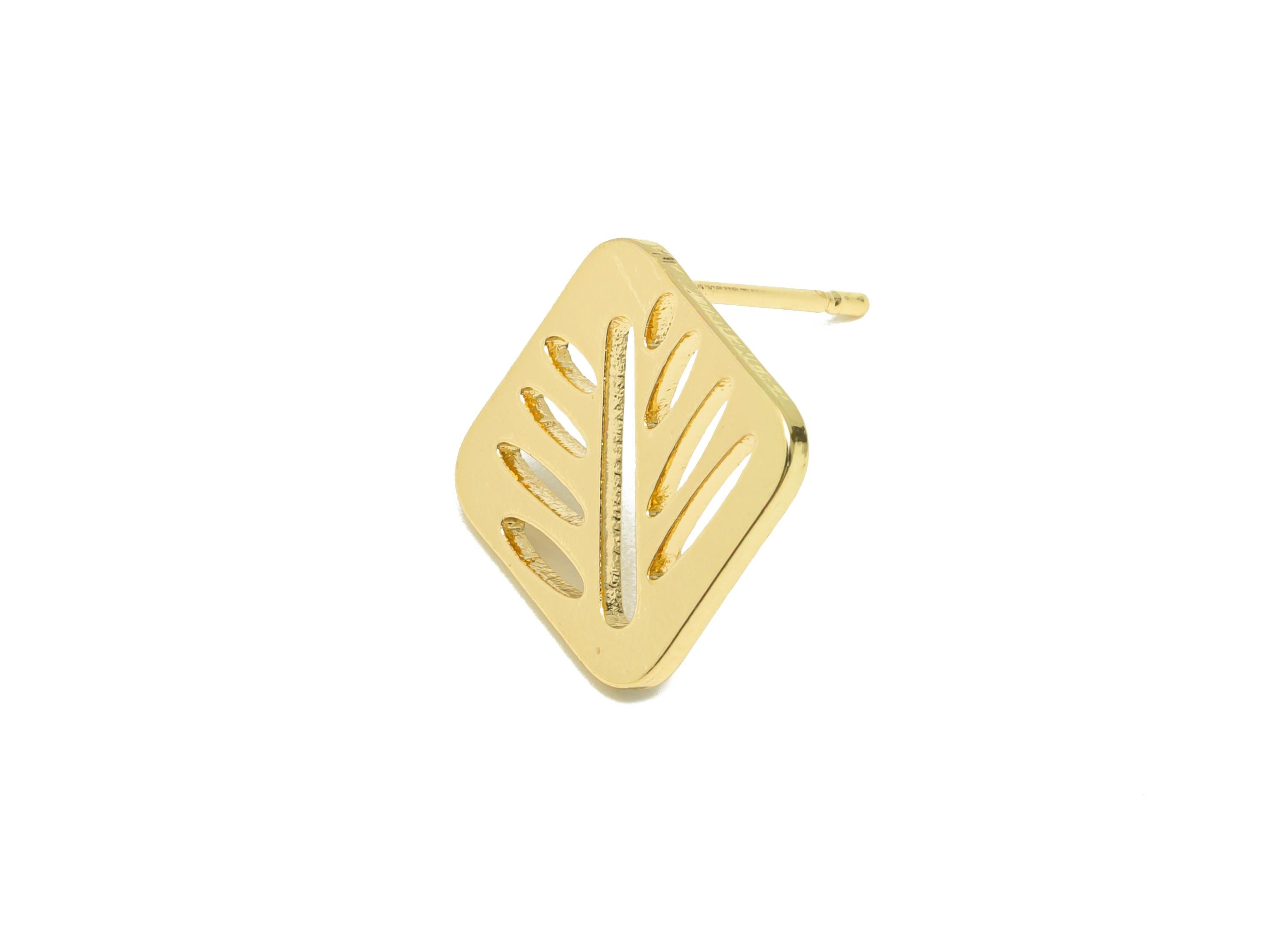 Brass Square Earring Stud - Gold Leaf Hollow Earring Post for Women - Geometric Daily Wear Ear - 18K Real Gold Plated -13.2x11.8x1mm-RGP8895 - DOMEDBAZAAR