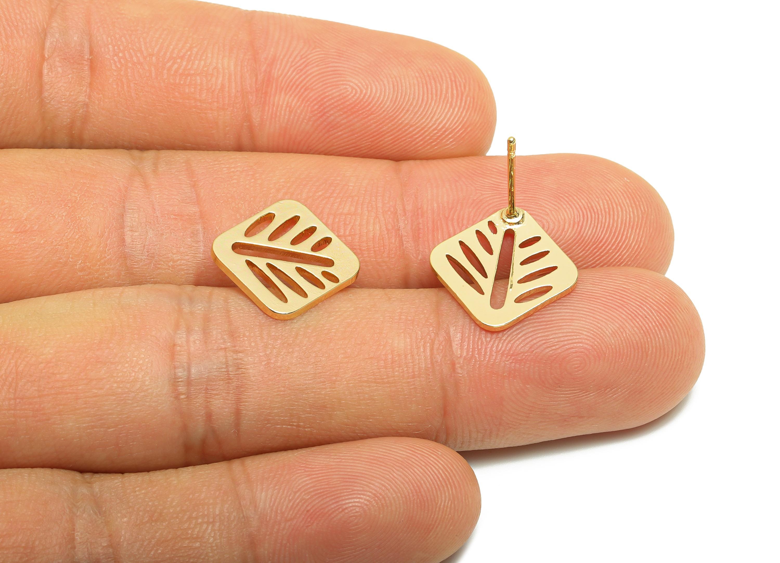 Brass Square Earring Stud - Gold Leaf Hollow Earring Post for Women - Geometric Daily Wear Ear - 18K Real Gold Plated -13.2x11.8x1mm-RGP8895 - DOMEDBAZAAR
