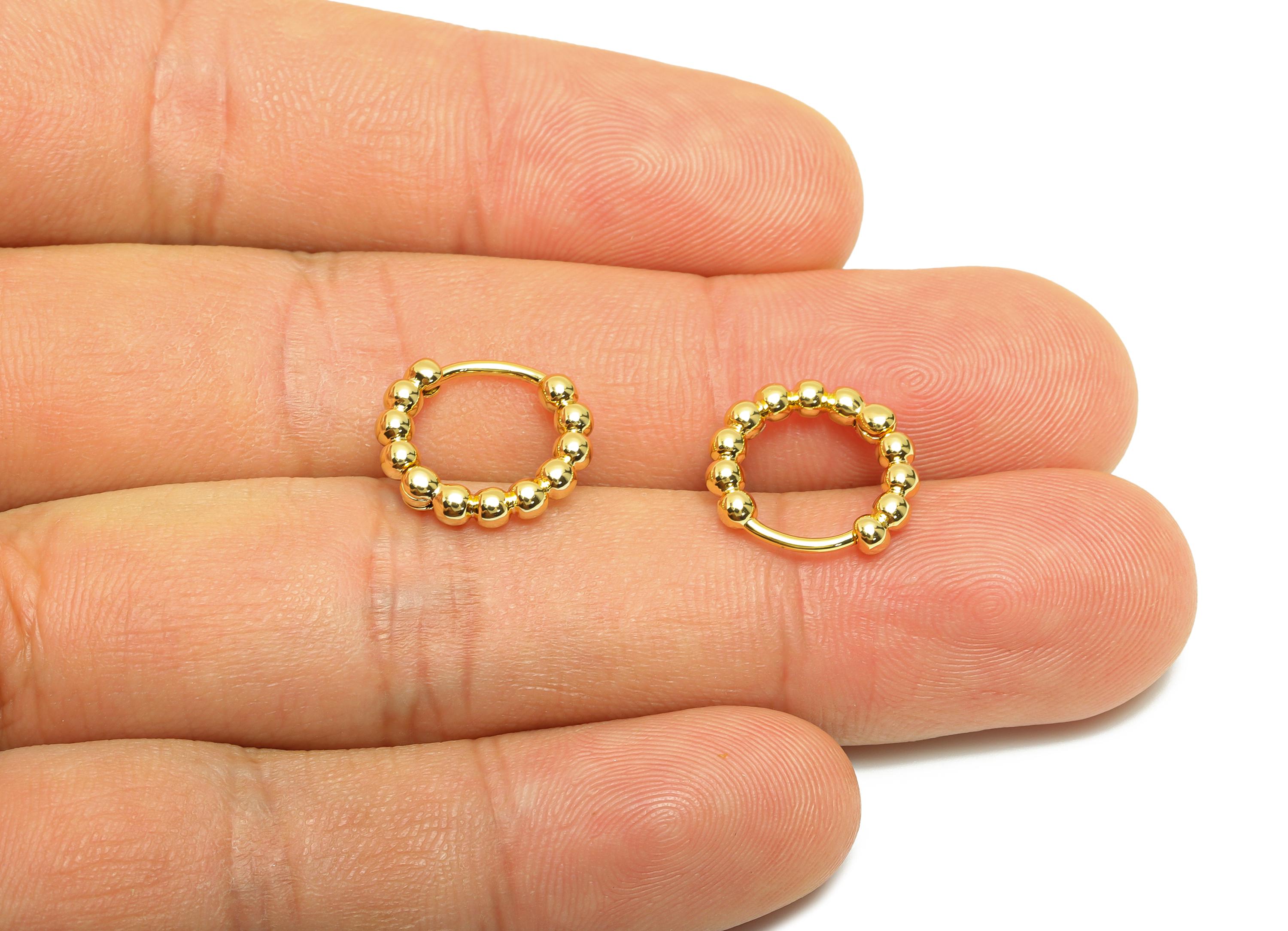 Brass Beads Hoop Earring - Gold Ball Huggie Earring for Girl&#39;s - Circle Daily Wear Hoop Ear - 18K Real Gold Plated - 14x12.8x2.5mm - RGP8901 - DOMEDBAZAAR