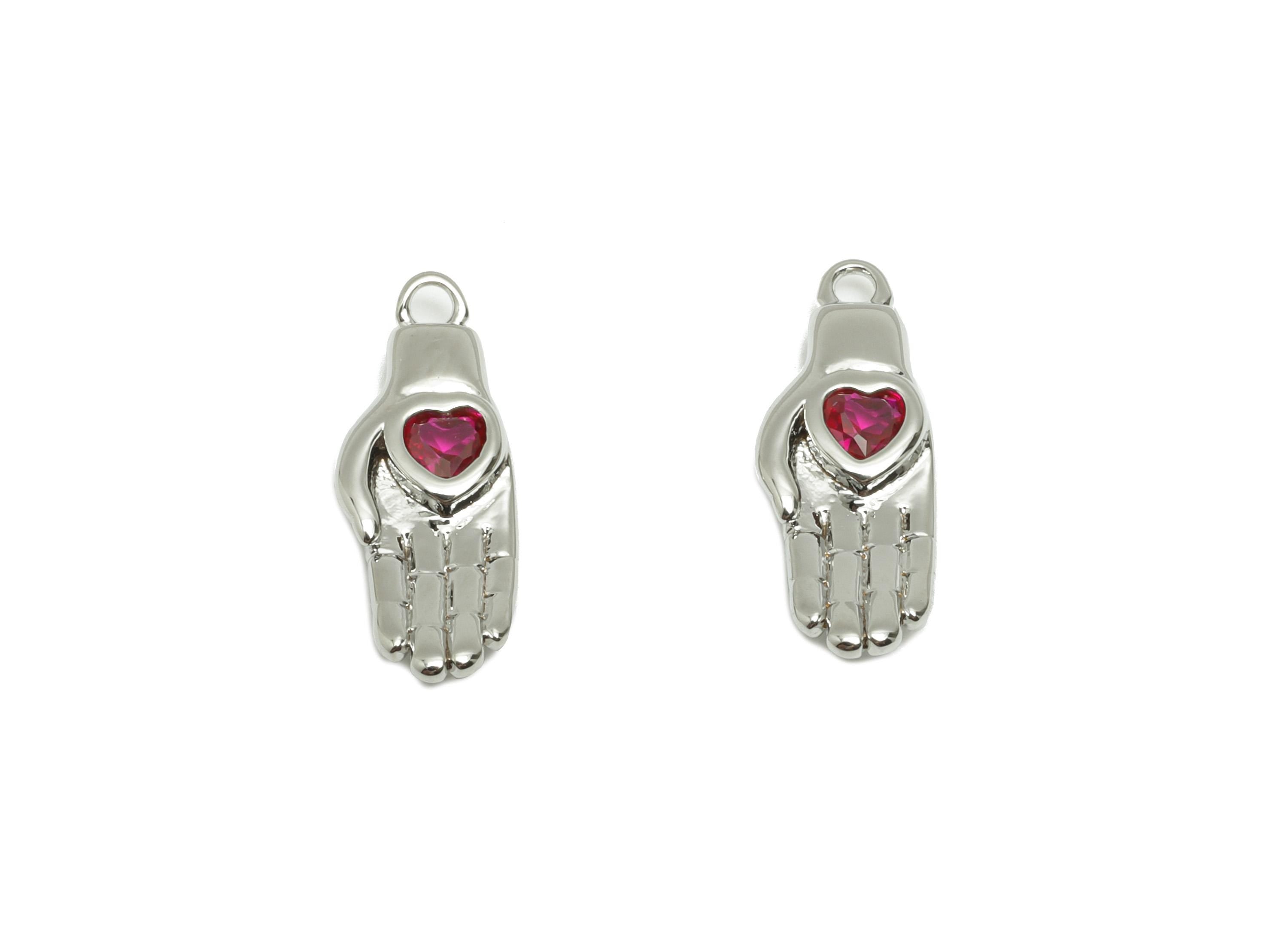 Hand Pendant with Heart - Brass Zircon Gem Earring - Modern Love and Protection Pendant - 18k Real White Gold Plated - 16x6x6mm - RGP10230 - DOMEDBAZAAR