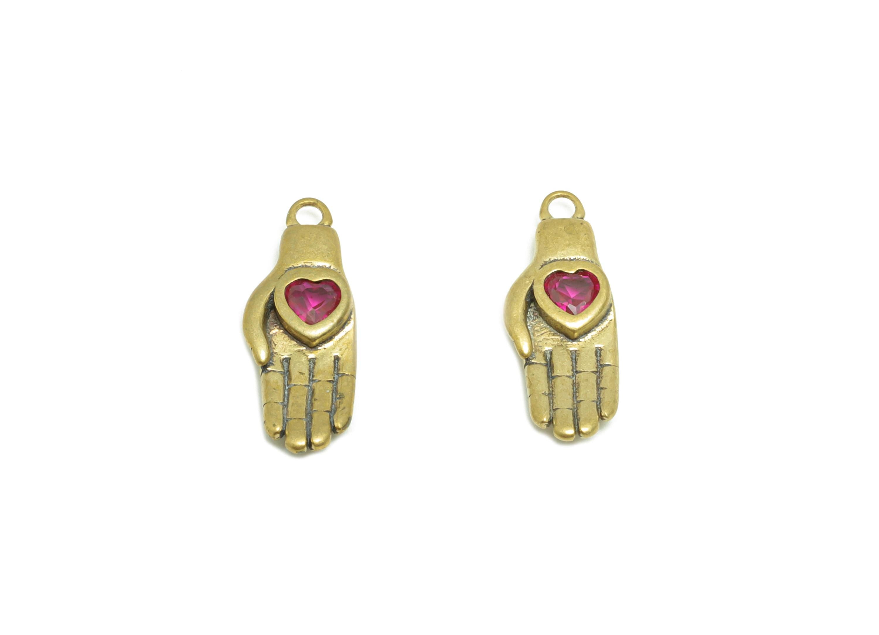 Brass Symbol of Love Earring Charm - Raw Brass Zircon Hand  Pink Heart Gem Earring - Love Pendant - Artistic Pendant - 16x6x6mm - PP10939 - DOMEDBAZAAR