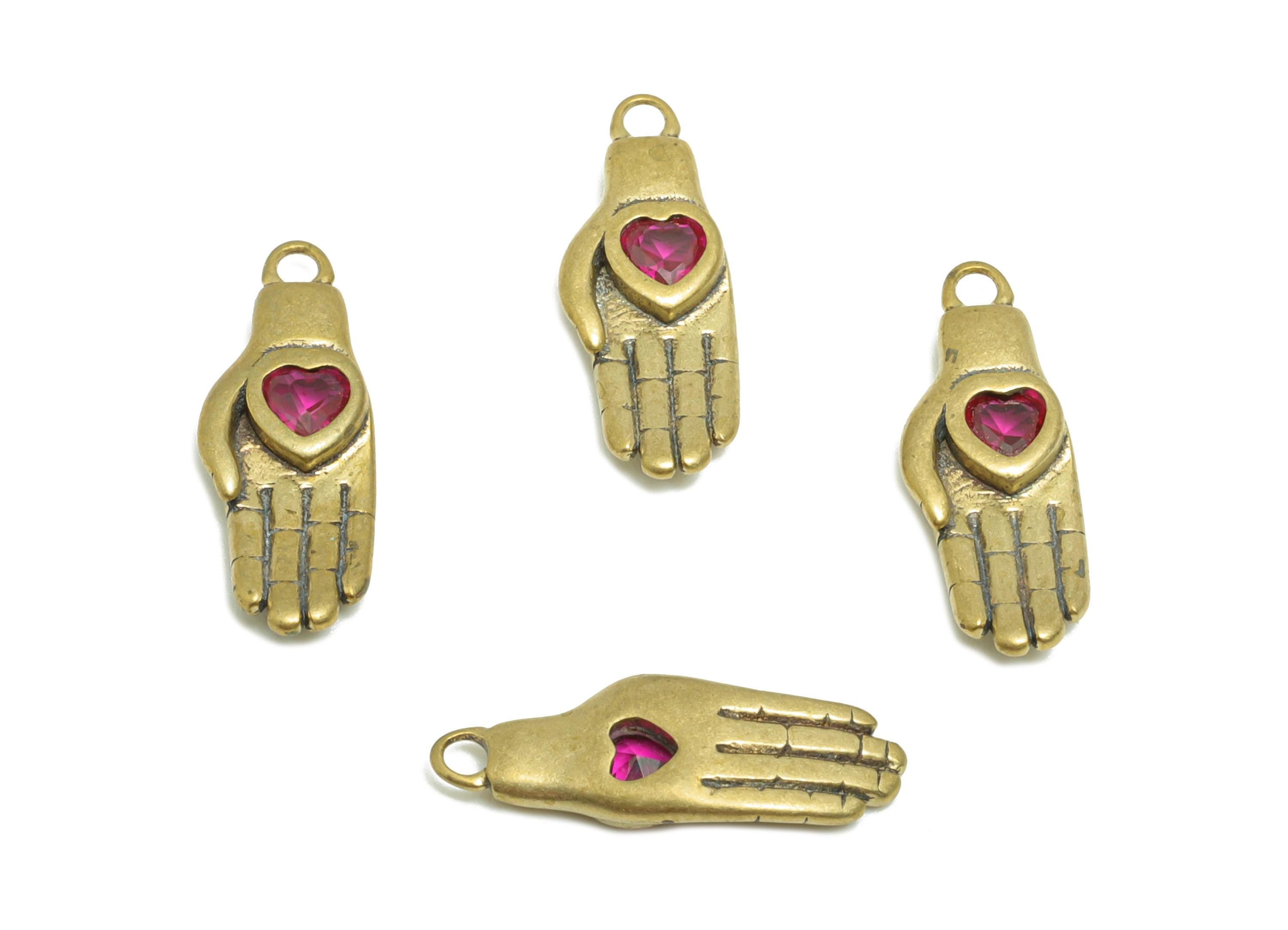 Brass Symbol of Love Earring Charm - Raw Brass Zircon Hand  Pink Heart Gem Earring - Love Pendant - Artistic Pendant - 16x6x6mm - PP10939 - DOMEDBAZAAR