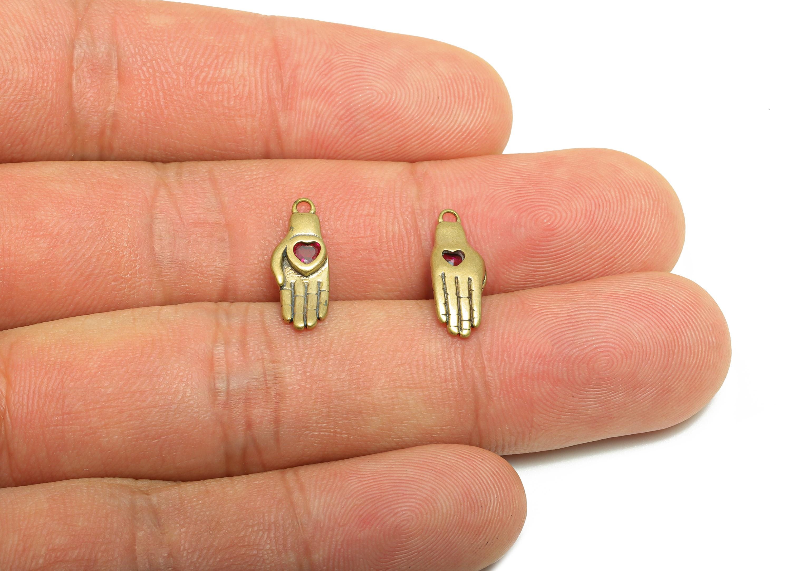 Brass Symbol of Love Earring Charm - Raw Brass Zircon Hand  Pink Heart Gem Earring - Love Pendant - Artistic Pendant - 16x6x6mm - PP10939 - DOMEDBAZAAR